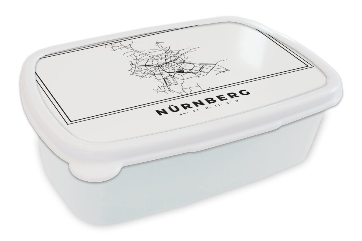 MuchoWow Lunchbox Stadtplan - Schwarz-weiß - Karte - Nürnberg - Deutschland, Kunststoff, (2-tlg), Brotbox für Kinder und Erwachsene, Brotdose, für Jungs und Mädchen