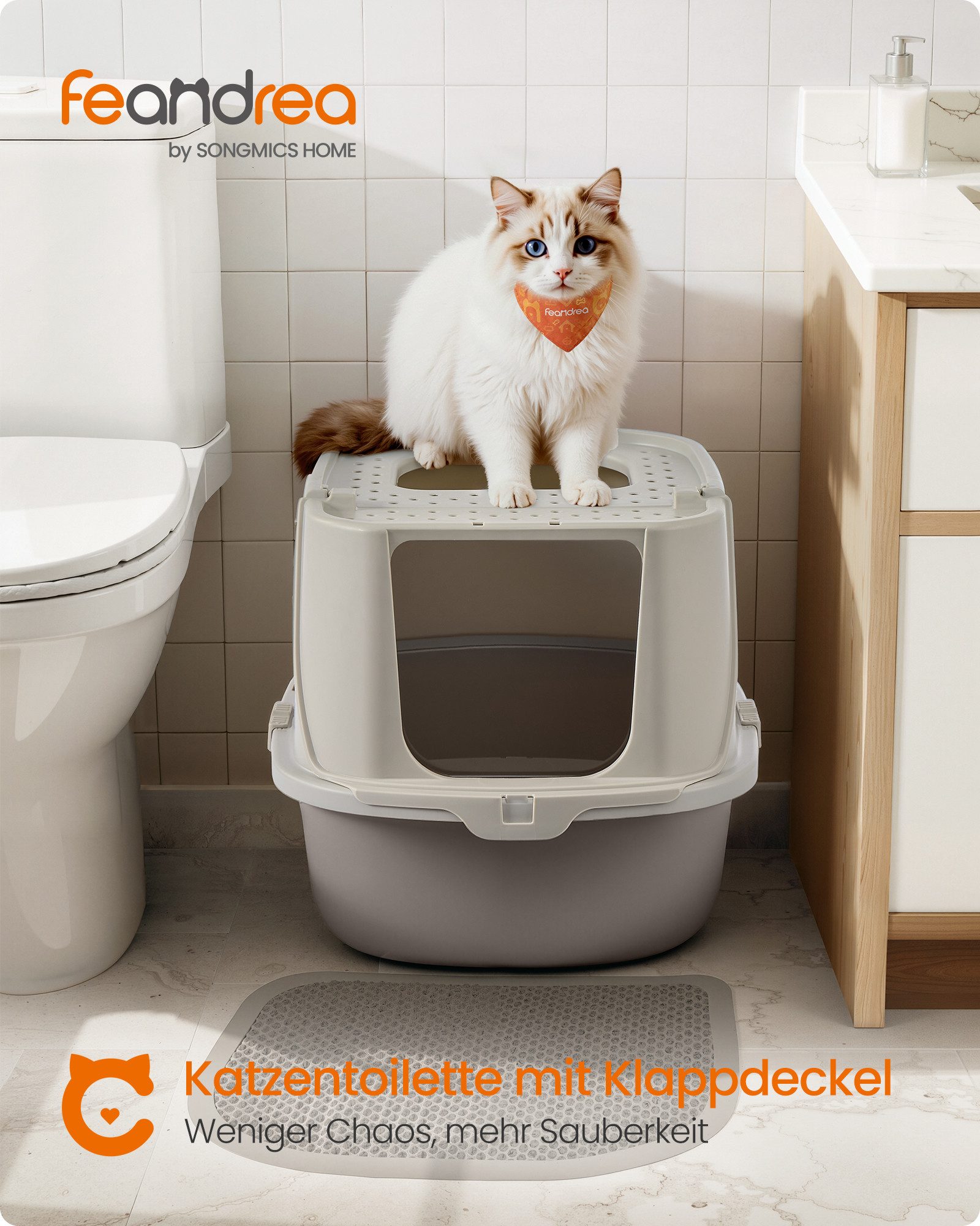FEANDREA Katzentoilette Katzenklo groß XXL, für Katzen bis 15 kg, Katzentoilette mit Deckel, mit Schaufel und Bürste