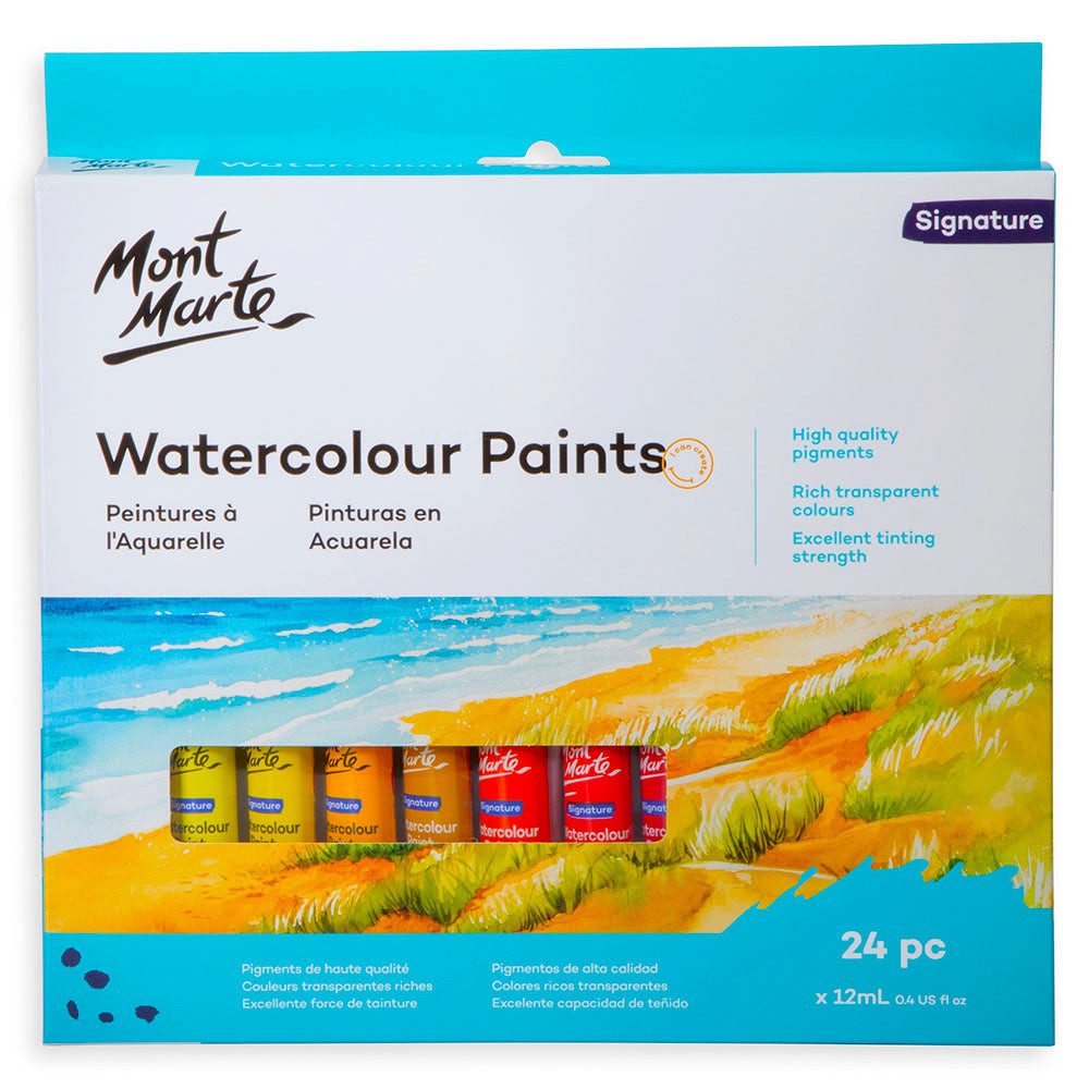 Mont Marte Aquarellfarbe Aquarellfarbe Set 12 / 24 x 12ml – Watercolour mit Transparenz, Brillante Farbverläufe und lebendige Lasuren für kreative Maltechniken