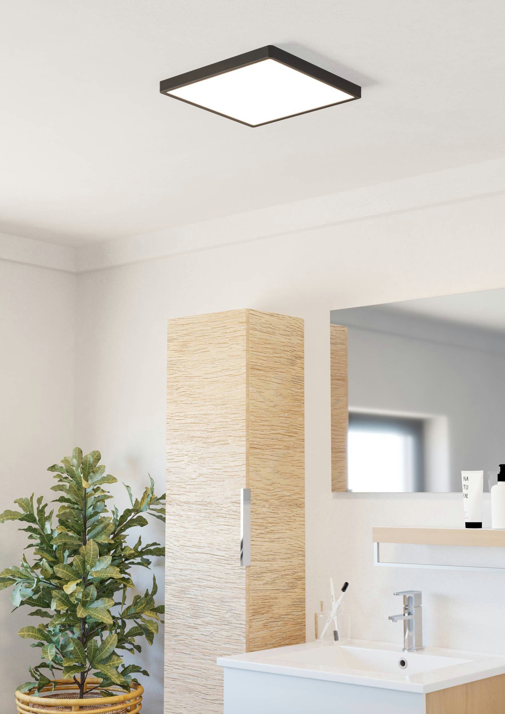 EGLO Aufbauleuchte Fueva 6 Deckenlampe, Badlampe Decke, Kunststoff, IP44, Aufbaulampe, mehrere Helligkeitsstufen, LED fest integriert, Neutralweiß, Kaltweiß, Warmweiß, Aufbauleuchte - L29 x B29 x H2,5 cm - schwarz - 13W inkl.