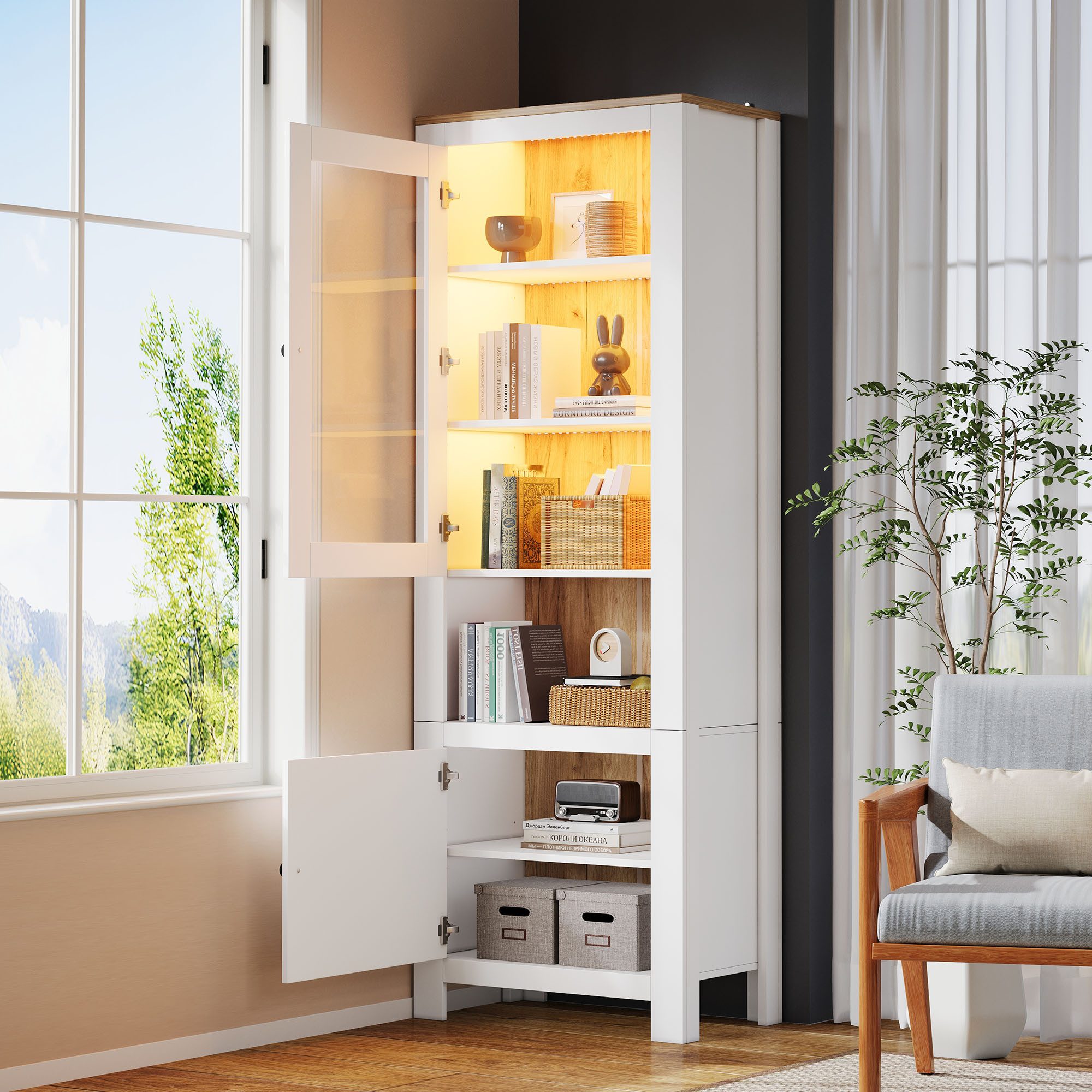 Merax Standvitrine Glasvitrine Hochschrank mit LED-Beleuchtung (1-St) Vitrine Wohnzimmerschrank mit 2 Türen und 6 Einlegeböden, 70x40x188cm – Bild 2 von 5