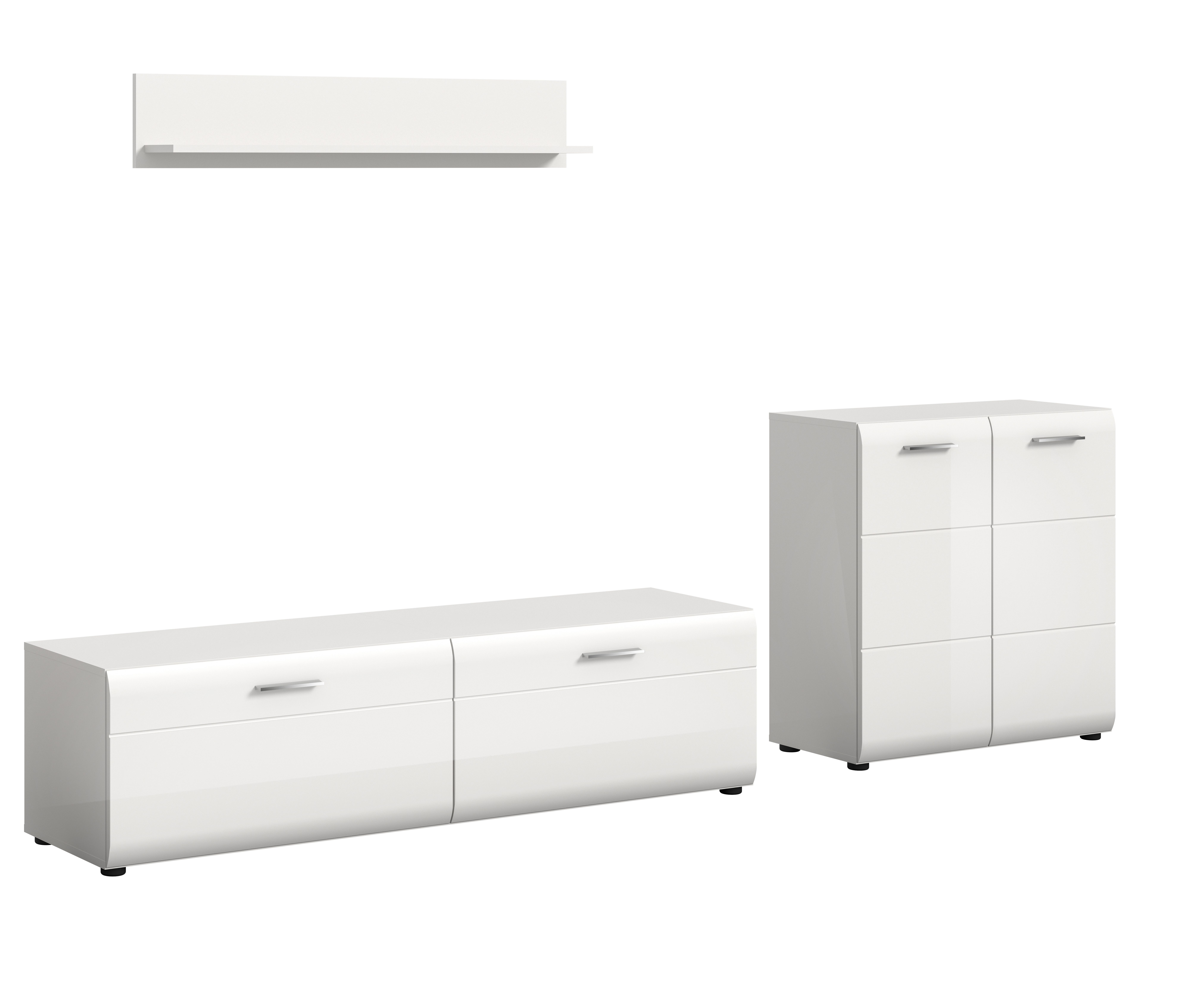 furnling Wohnzimmer-Set Ivy, (3-St., Kommode, Lowboard, Wandboard), hochwertige MDF Front mit Rillenfräsung, weiß Hochglanz, Breite 255 cm