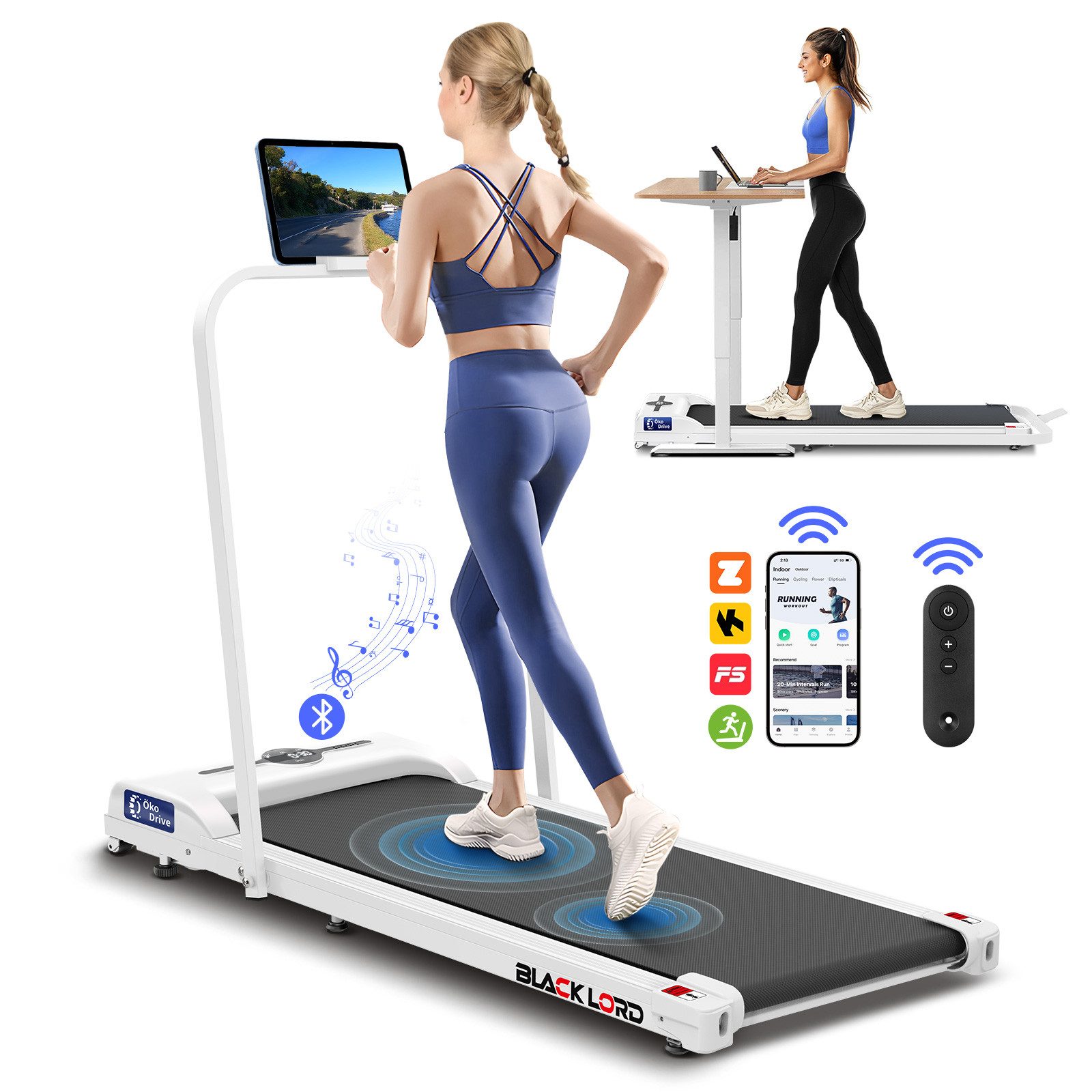 BLACK LORD Laufband für Zuhause, Walking Pad, Klappbares Untertisch-Laufband mit Armlehne (119 x 48,5 x 103 cm, 1-tlg), mit Bluetooth, Fernbedienung, Lautsprecher, 1-12km/h