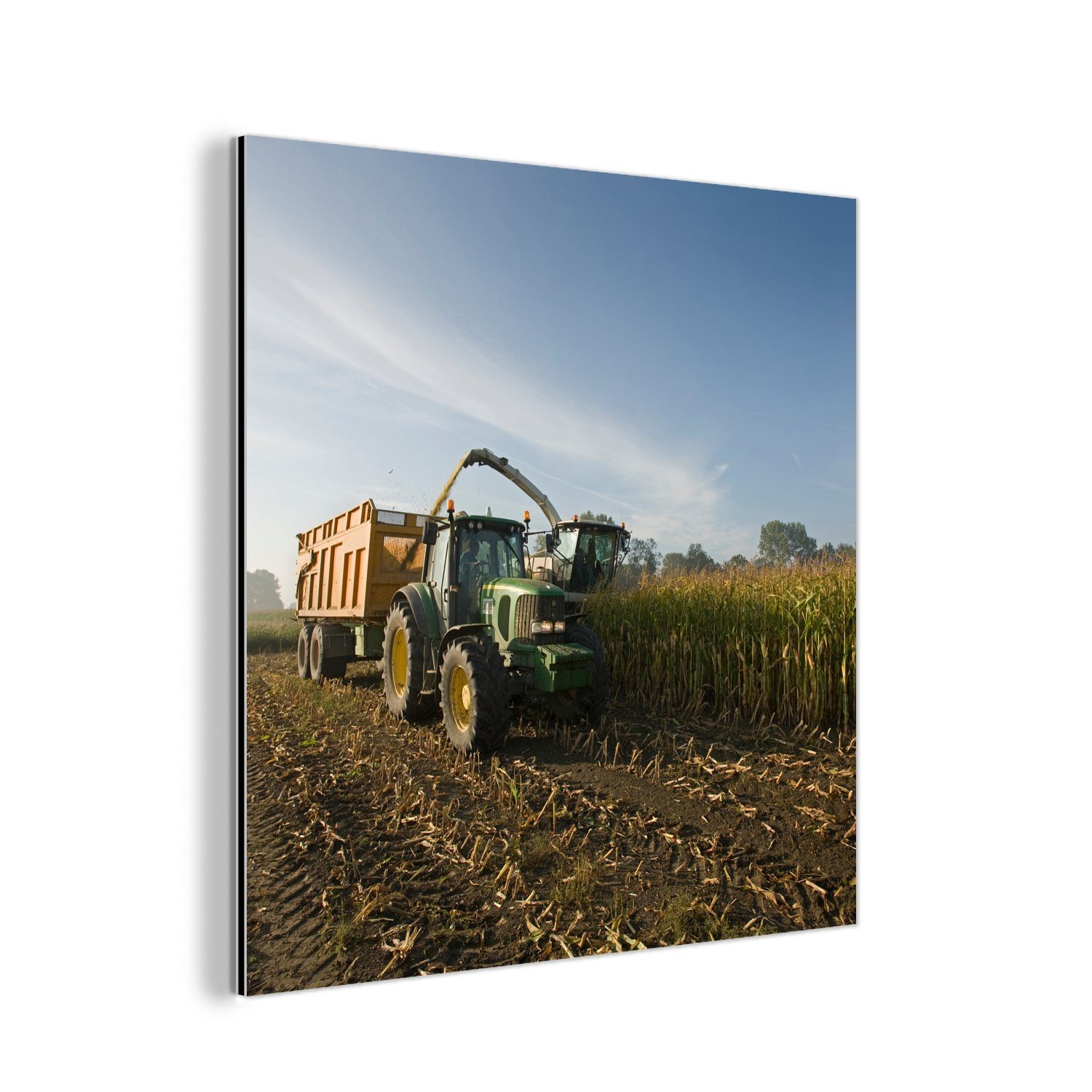 MuchoWow Metallbild Traktor - Anhänger - Mais - Grün - Landleben, (1 St), Alu-Dibond-Druck, Gemälde aus Metall, Aluminium deko