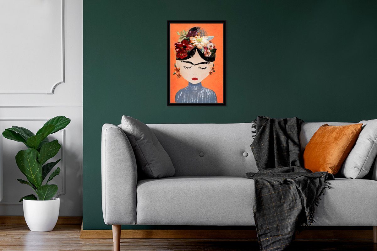 Wandposter, - - St), - Bilderrahmen Wanddeko, Bilder, Poster, Blumen, Frida - Frau (1 Schwarzem Kahlo Porträt Gerahmtes MuchoWow Poster Orange