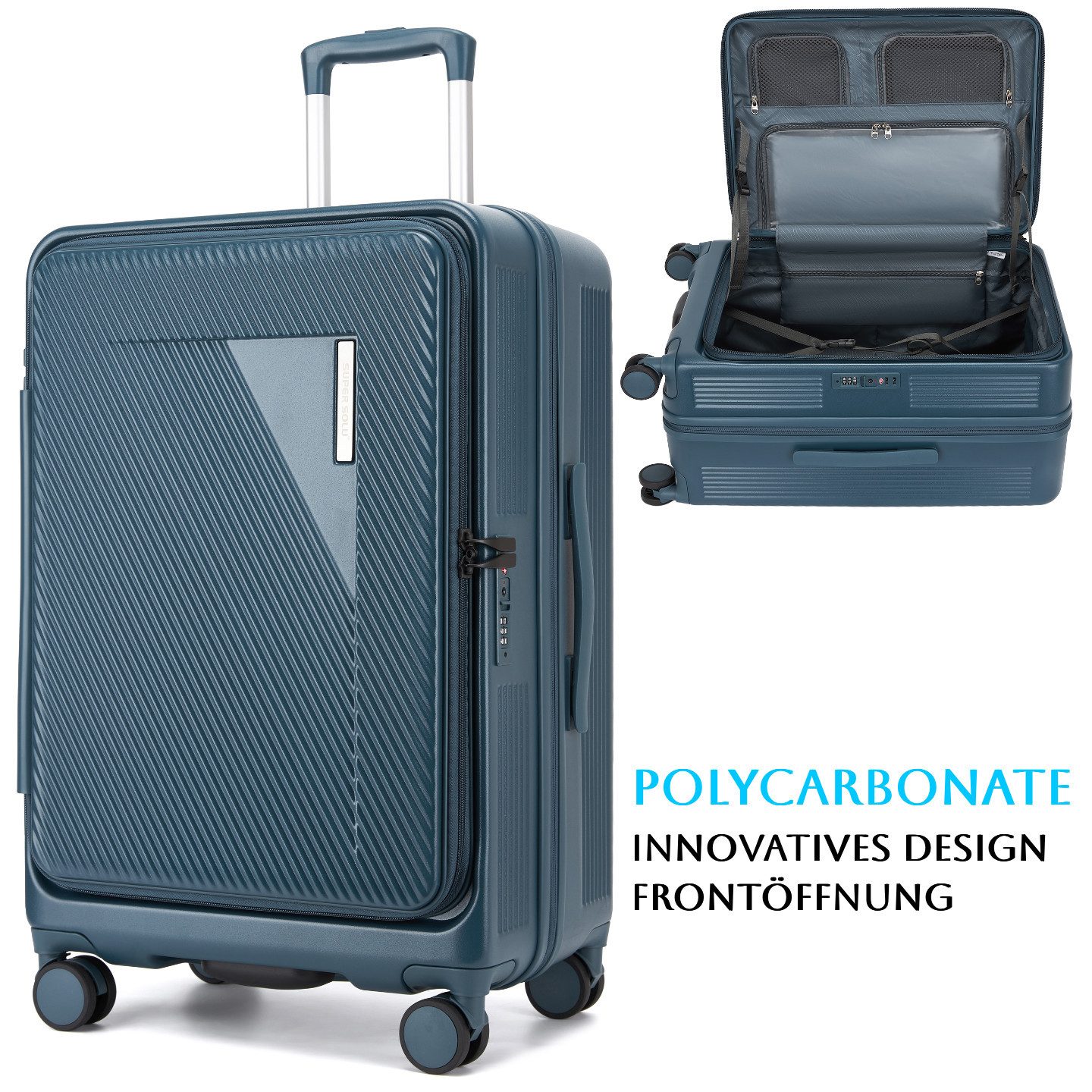 Super Solu Hartschalen-Trolley Erweiterbarer Reisekoffer mit Frontöffnung, Hartschalenkoffer 100% PC, 4 Rollen, 360° Doppelrollen, 28Zoll/76cm, Stoßfester Koffer mit TSA, Blau