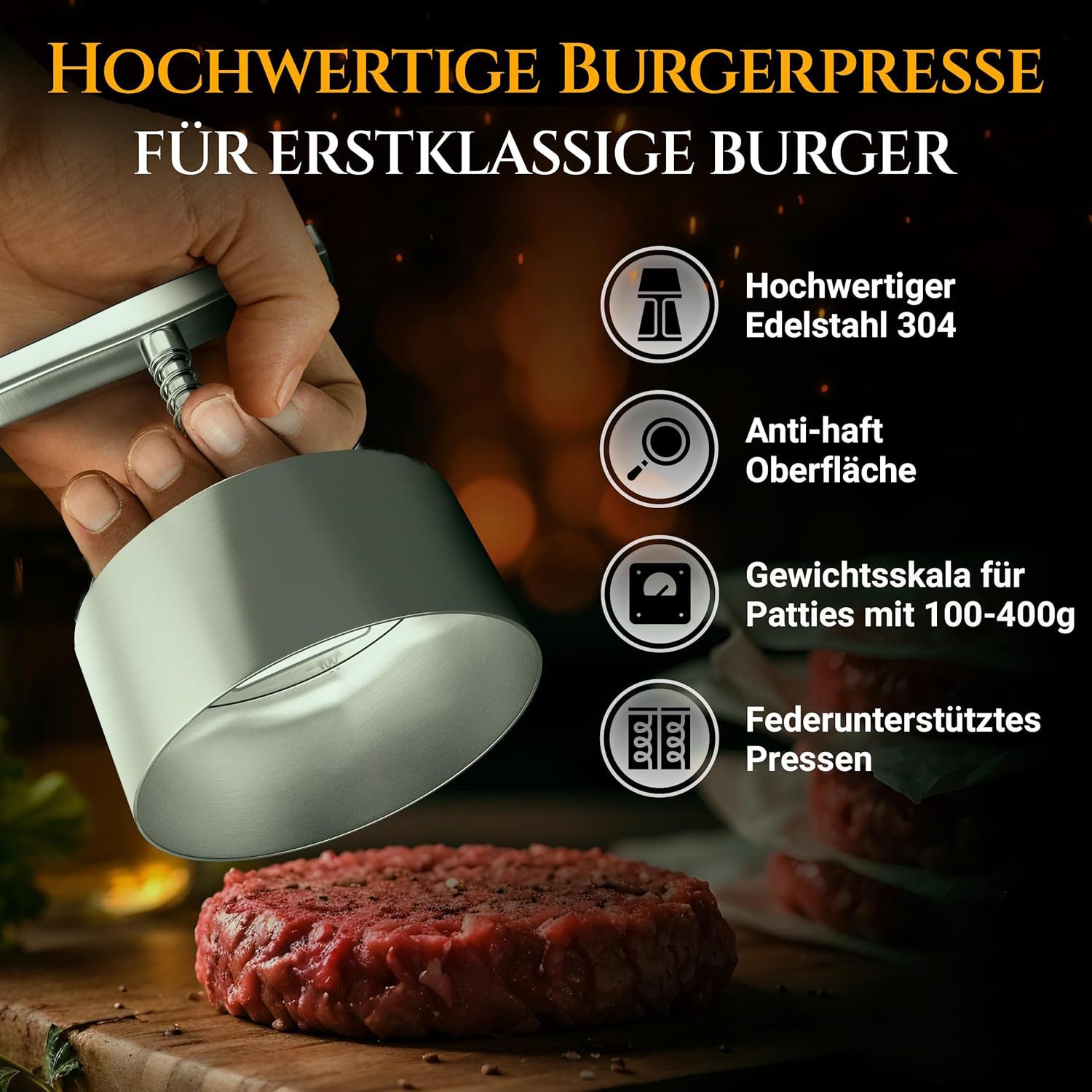 Fyrove Burgerpresse Edelstahl Burger Presse, Verstellbarer Hamburger Patty Maker 12cm, Edelstahl, Robuste Antihaft-Patty-Form für Rindfleisch, Fleisch, BBQ, Par – Bild 2 von 5