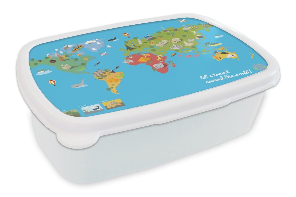 MuchoWow Lunchbox Weltkarte Kinder - Modern - Symbole, Kunststoff, (2-tlg), Brotbox für Kinder und Erwachsene, Brotdose, für Jungs und Mädchen weiß