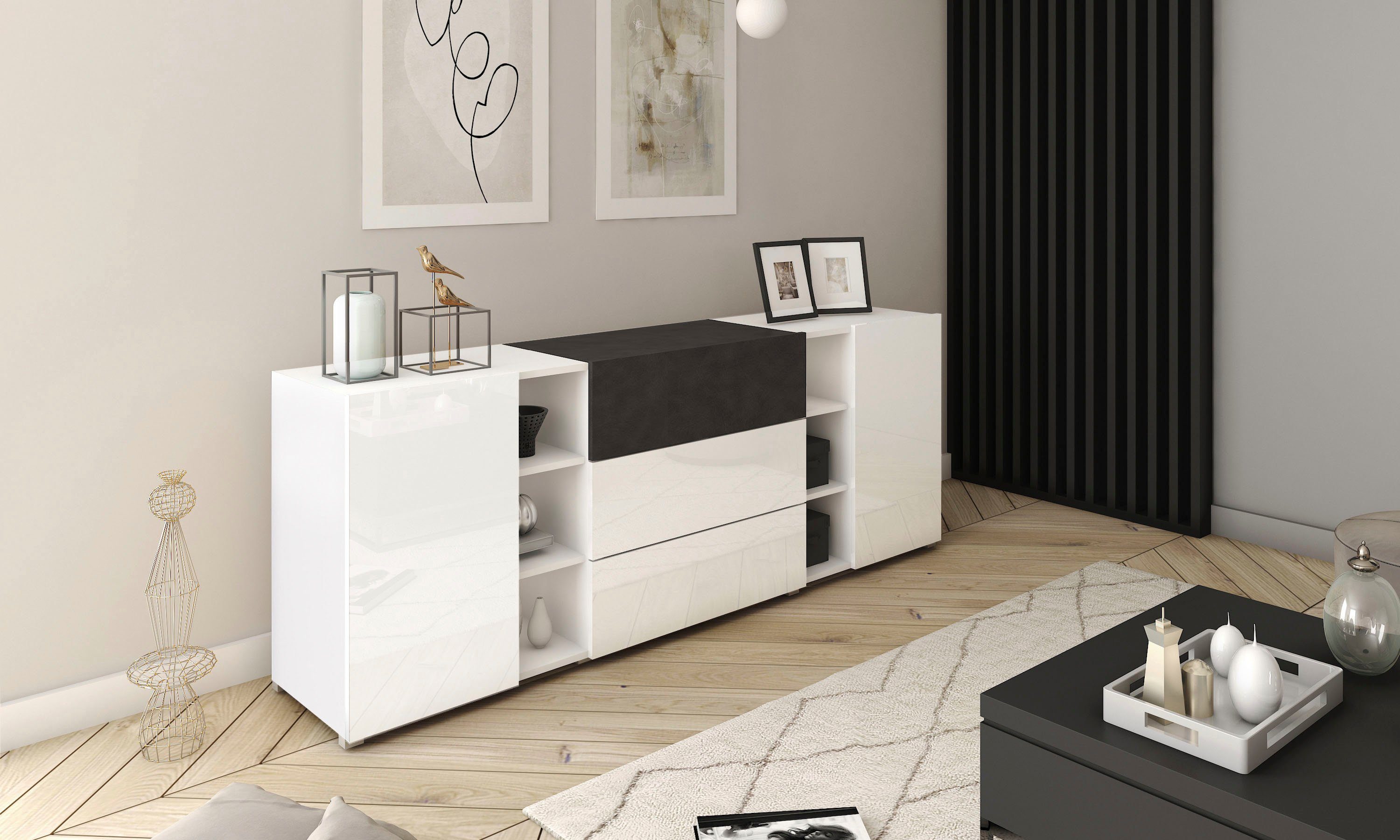 INOSIGN Sideboard BERLIN, Breite 190 cm weiß matt/matera anthrazit/weiß Hochglanz | matera anthrazit/weiß matt