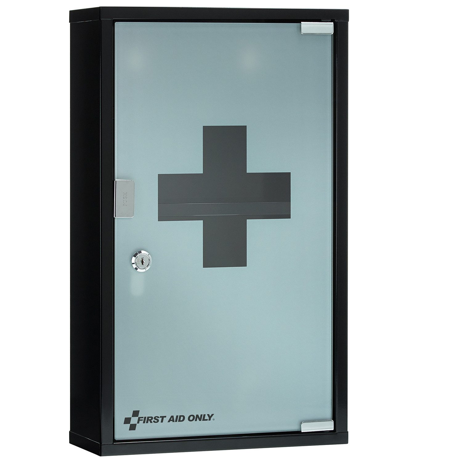 FIRST AID ONLY® Medizinschrank Medizinschrank Schwarz mit Glastür 3 Fächer, abschließbar Medikamentenschrank als Hängeschrank 50 x 30 x 12 cm