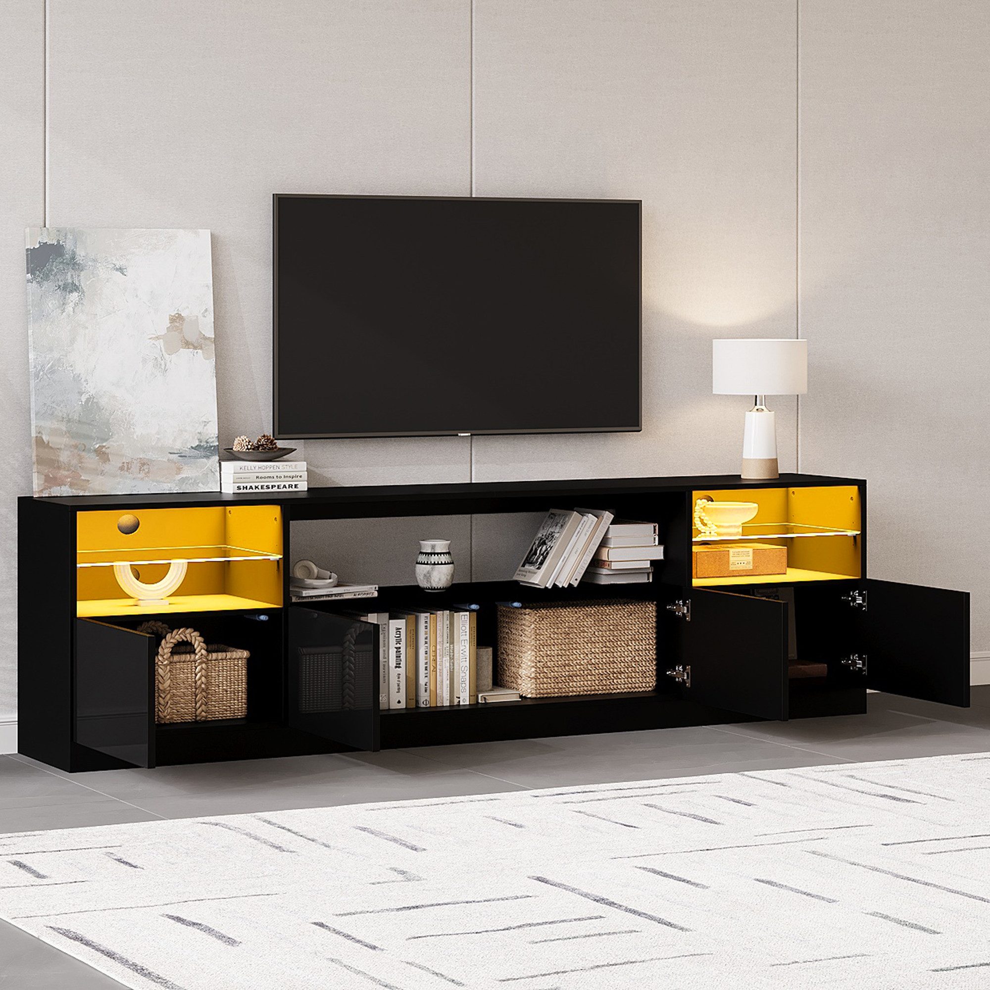 Merax Lowboard Hochglanz Fernsehschrank mit LED (1 St., Wohnzimmer & Esszimmer TV Board), TV-Schrank mit 4 Flügeltüren & 8 Fächer, 180x35x60cm