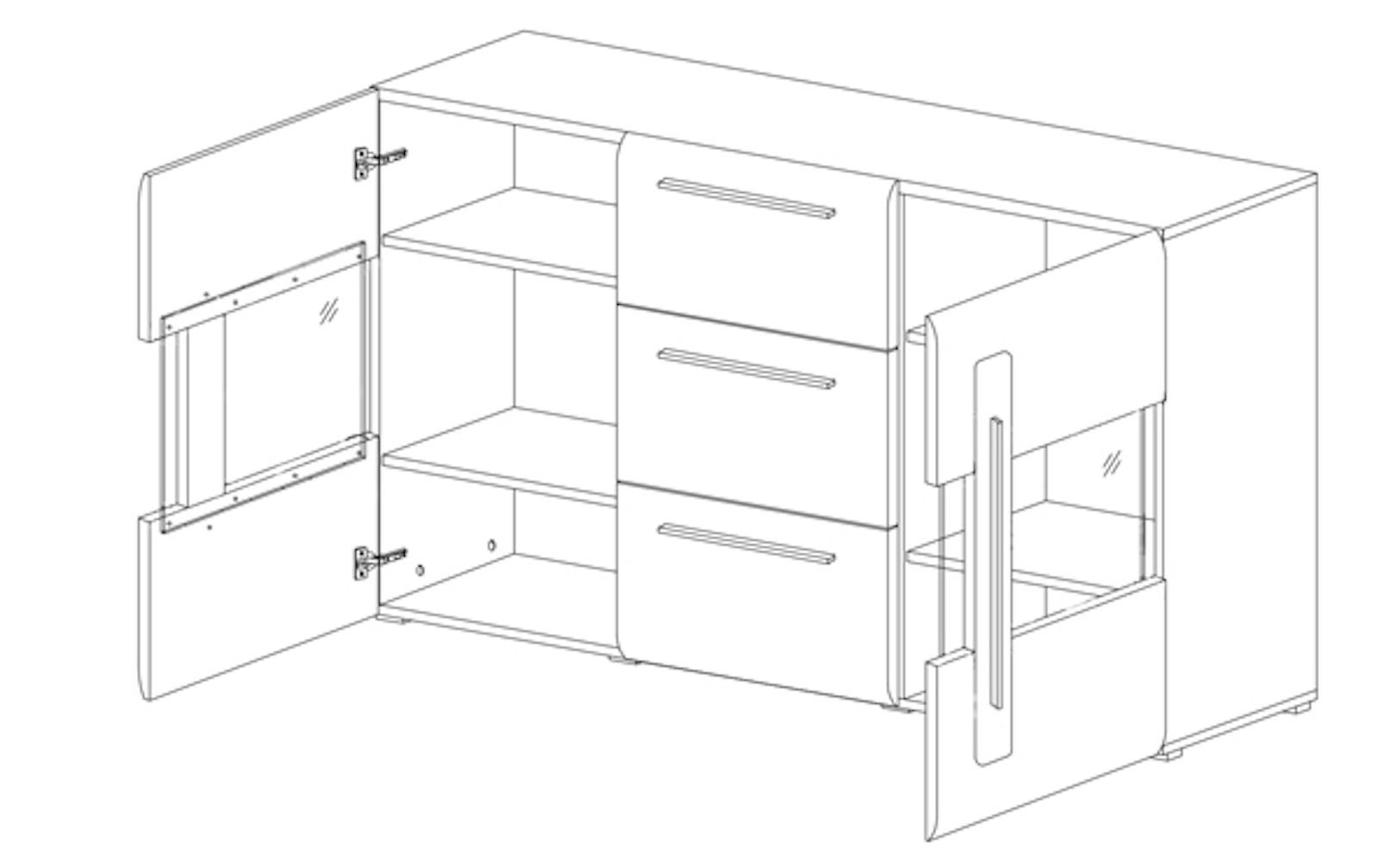 Helvetia Kommode Kommode TULSA (Toro) WM 2497FJ28 weiß / weiß Hochglanz #dv54 (Tulsa, 1 St), 180cm weiß / weiß Hochglanz 2-türig mit 3 Schubladen