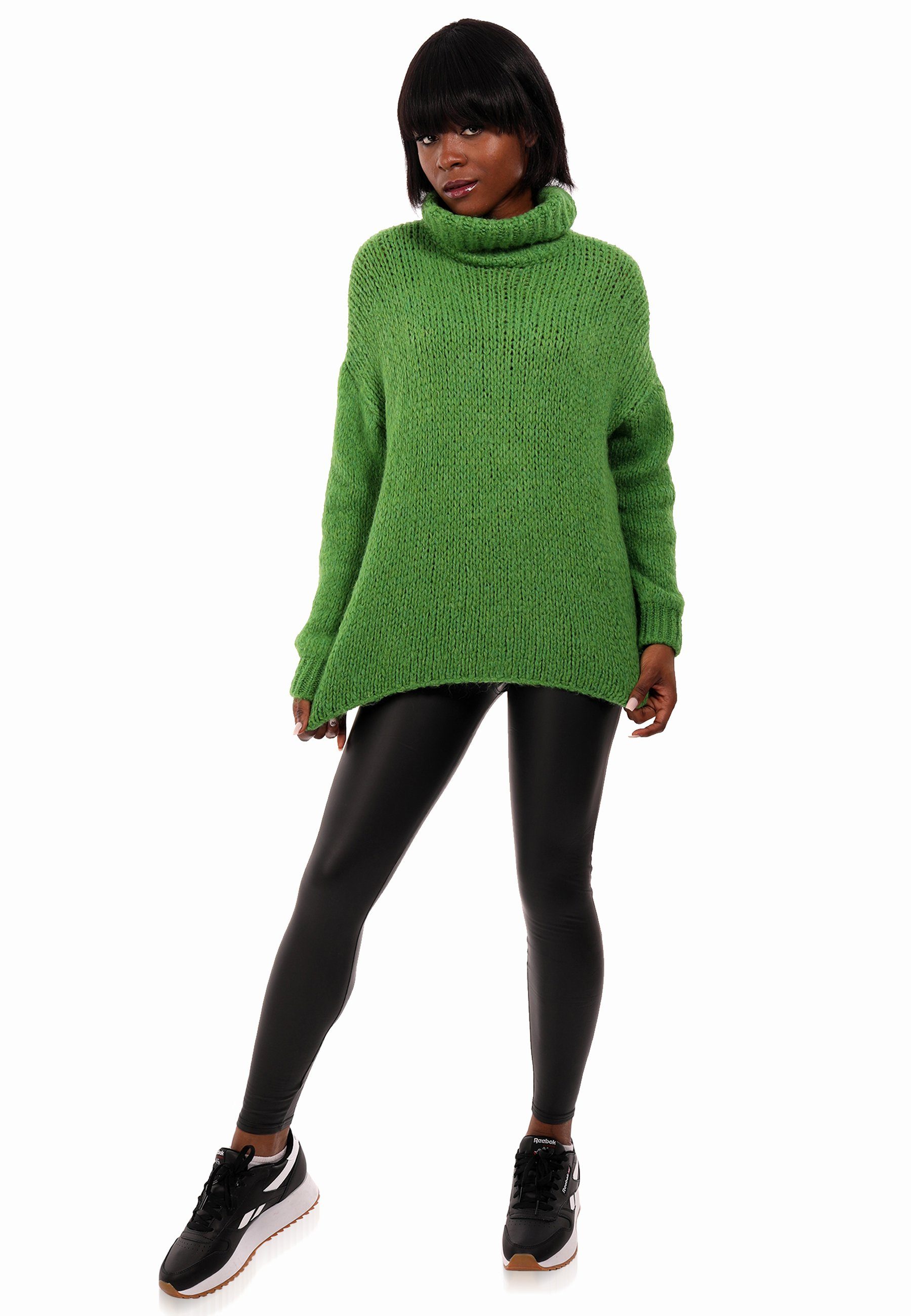 Qualität in YC Style Pullover mit Fashion Strickpullover Unifarbe grün Rollkragen & Kuschelweiche (1-tlg)