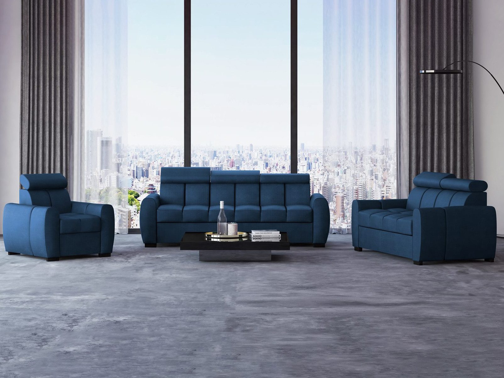 Beautysofa Polstergarnitur Gomez, (inkl. Schlaffunktion und Bettkasten, verstellbaren Kopfstützen), Designersofa 3+2+1 in Velourstoff, Rundumbezug