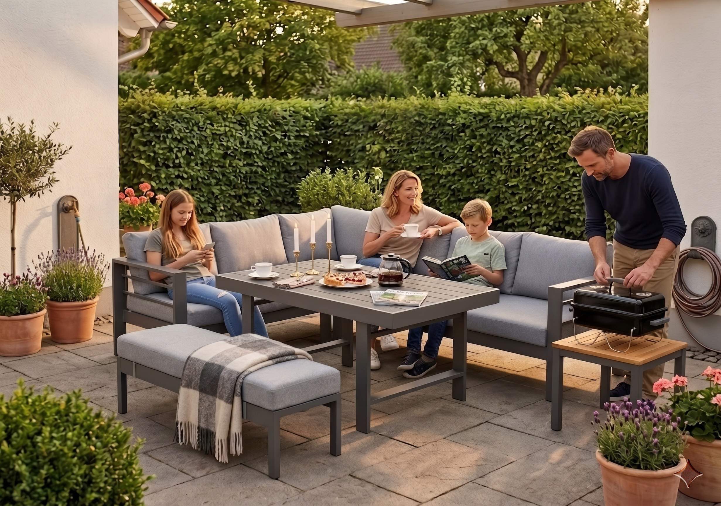 MeXo Gartenlounge-Set Outdoor Gartenmöbel Lounge-Set für 6-8 Personen, (Aluminium-Ecklounge, linke Ecke, 5-tlg., wetterfest & pflegeleicht), großer Esstisch 130 – Bild 4 von 5
