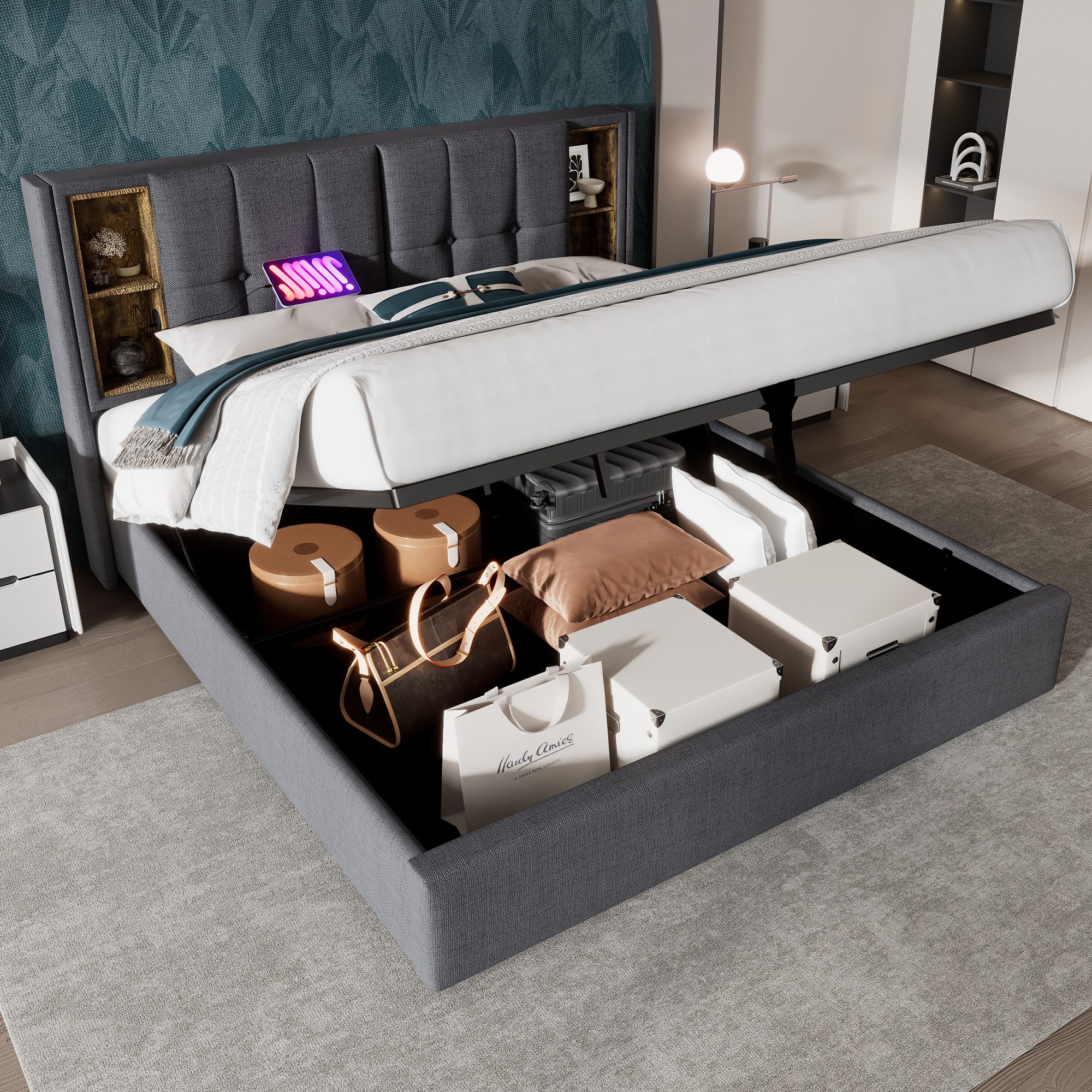 Flieks Polsterbett, Doppelbett mit Kabellosem Laden/USB/Typ-C+Stauraum Baumwolle 180x200cm