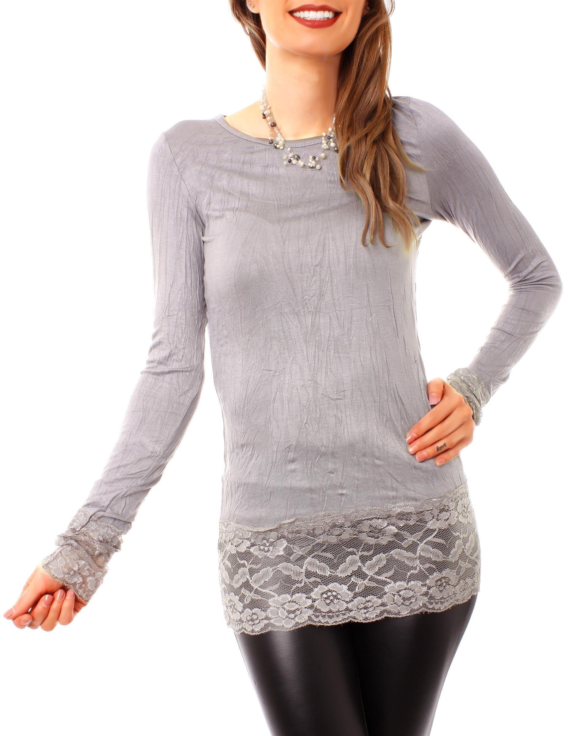 Muse Rundhalsshirt Langarm Longshirt mit Spitzensaum 0998 günstig online kaufen