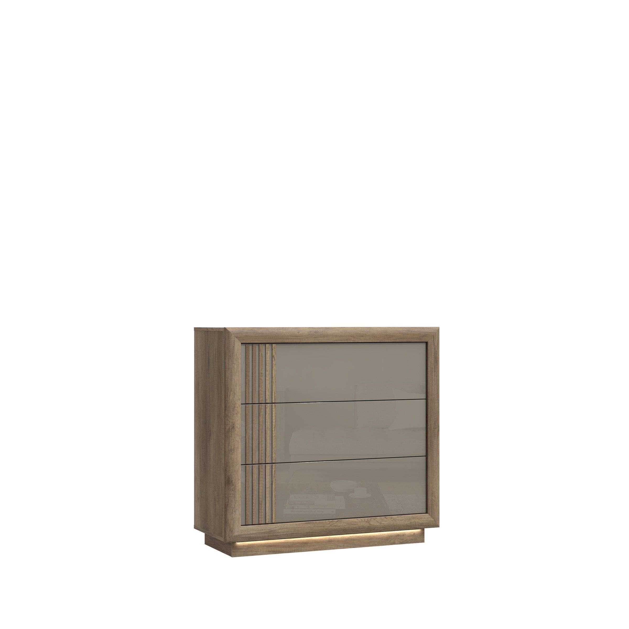 FORTE Kommode LED, 3 Schübe, Beige Glanz / Eiche Antik Dekor - 103x98,2x42,3cm BxHxT