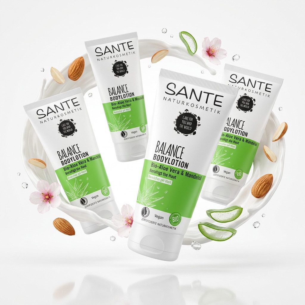 SANTE Bodylotion Balance Bodylotion Bio-Aloe Vera & Mandelöl Packung, 4-tlg., Bodylotion, für die tägliche Körperpflege, mit Aloe Vera und Mandelöl