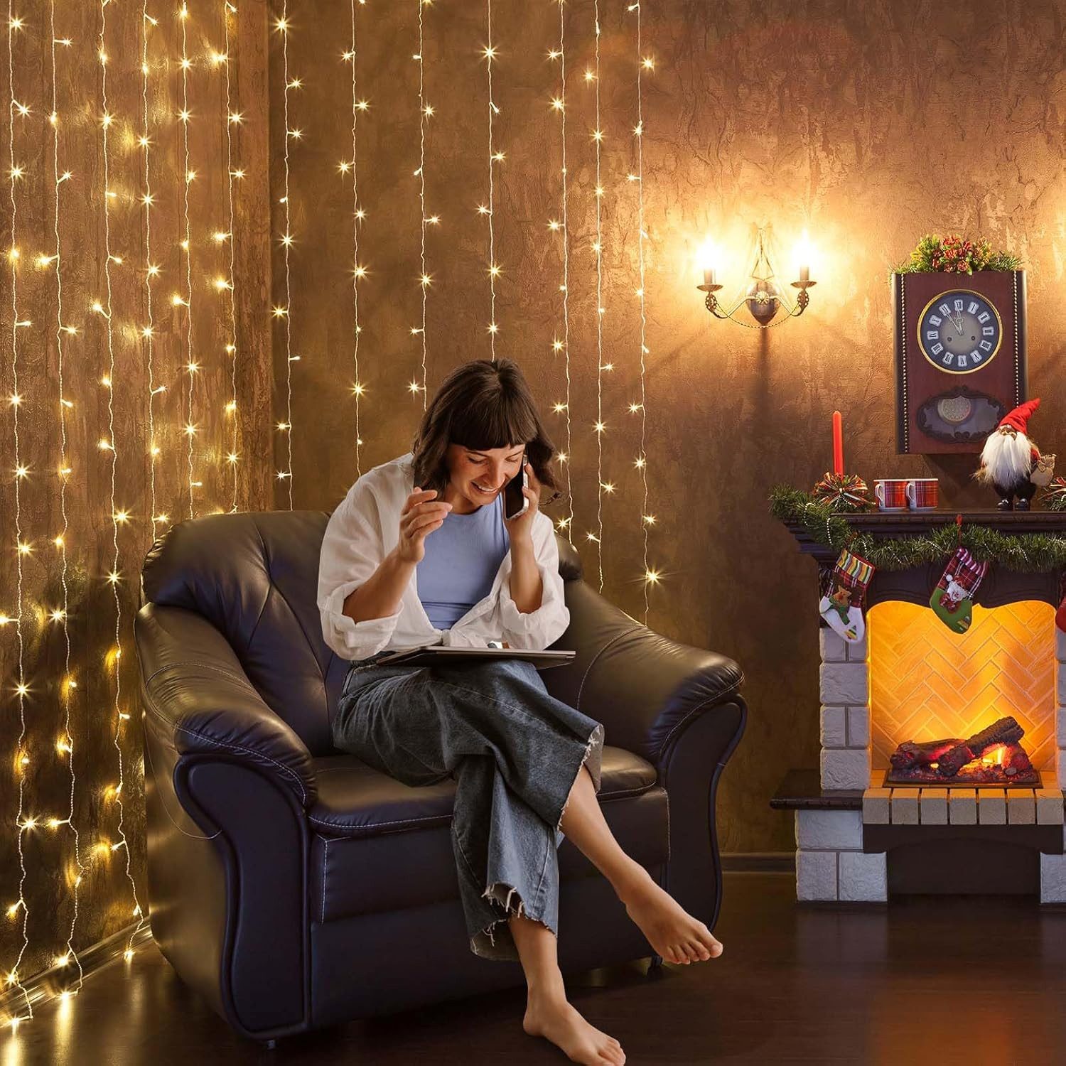 Salcar LED-Lichterkette LED Lichtvorhang Weihnachten Lichterkette 8 Beleuchtungsmodi, Timer und Memory-Funktion, Spritzwassergeschützt, 2 x 3m Warmweiß – Bild 5 von 5