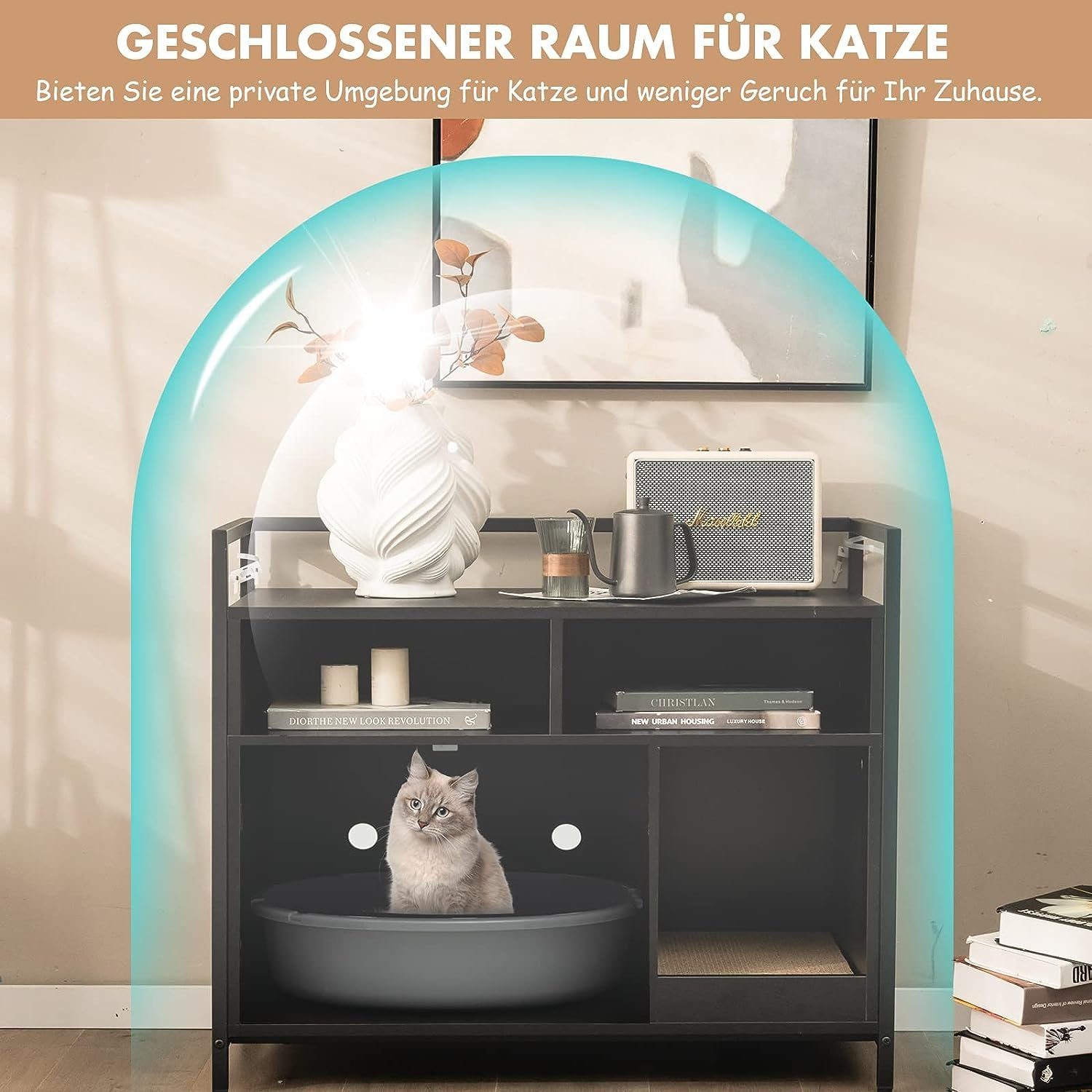 KOMFOTTEU Tierhaus 2 in 1 Katzenschrank Katzentoilette, mit Doppeltüren, Kratzbrett & 2 Fächern