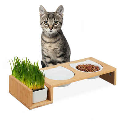 relaxdays Futterstation Katzen Futterstation & Katzengras Schale