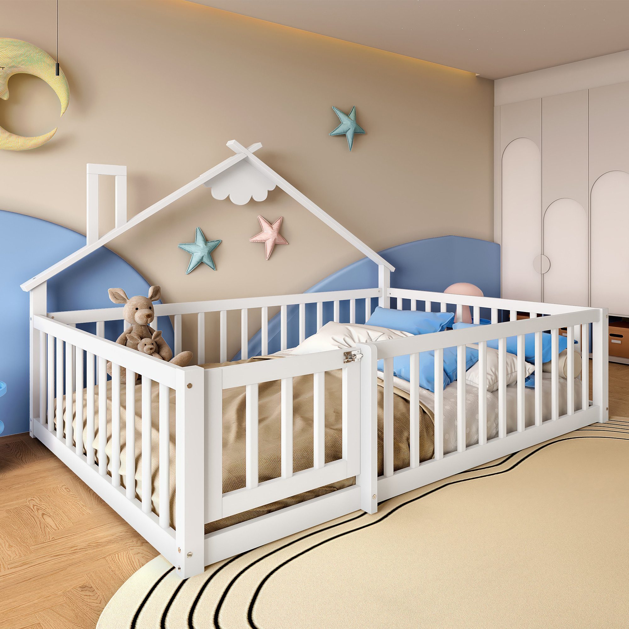 Flieks Kinderbett, Bodenbett Holzbett Hausbett 140x190cm günstig online kaufen