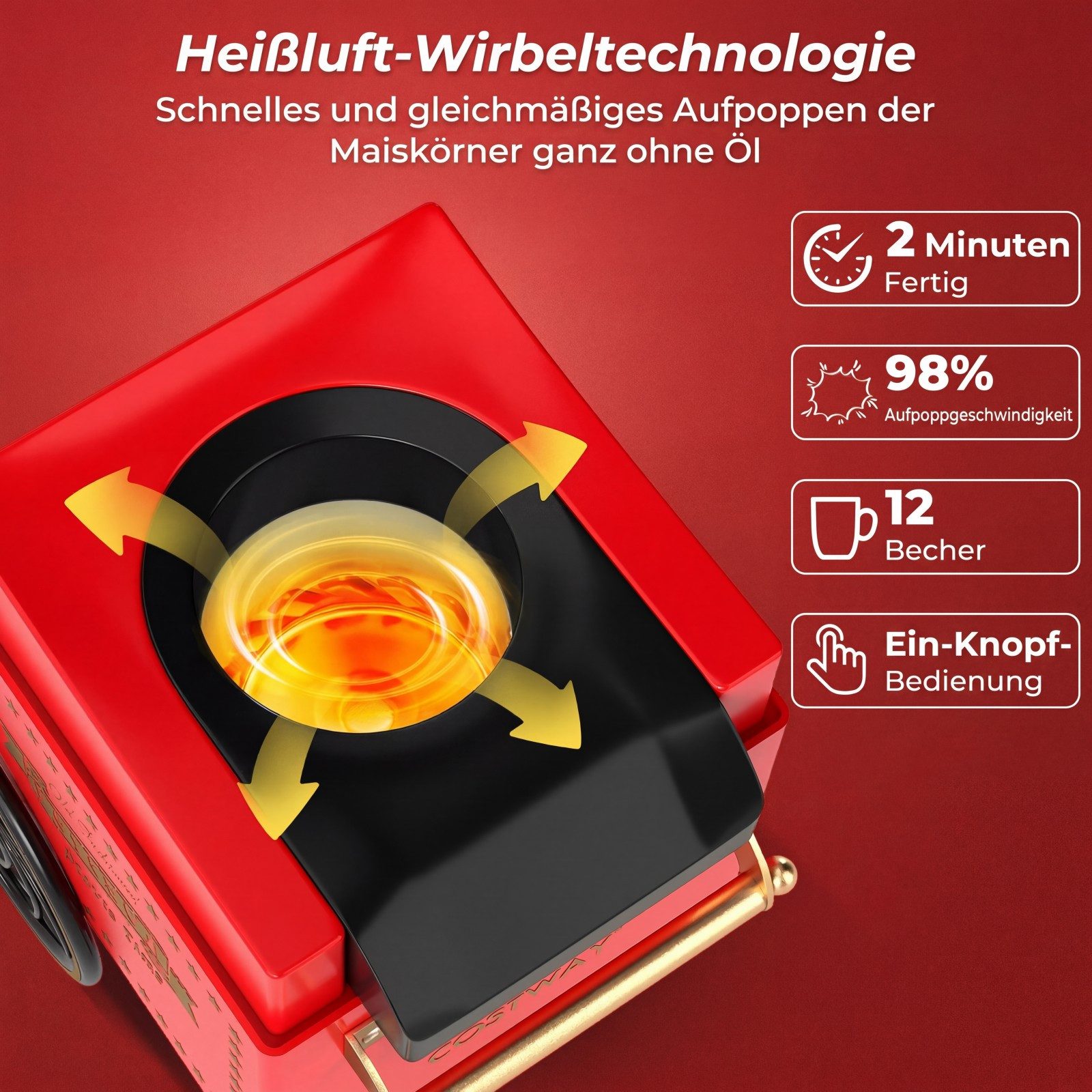 COSTWAY Popcornmaschine, 1200W Heißluft Popcorn Maker Ohne Öl, 2 Minuten