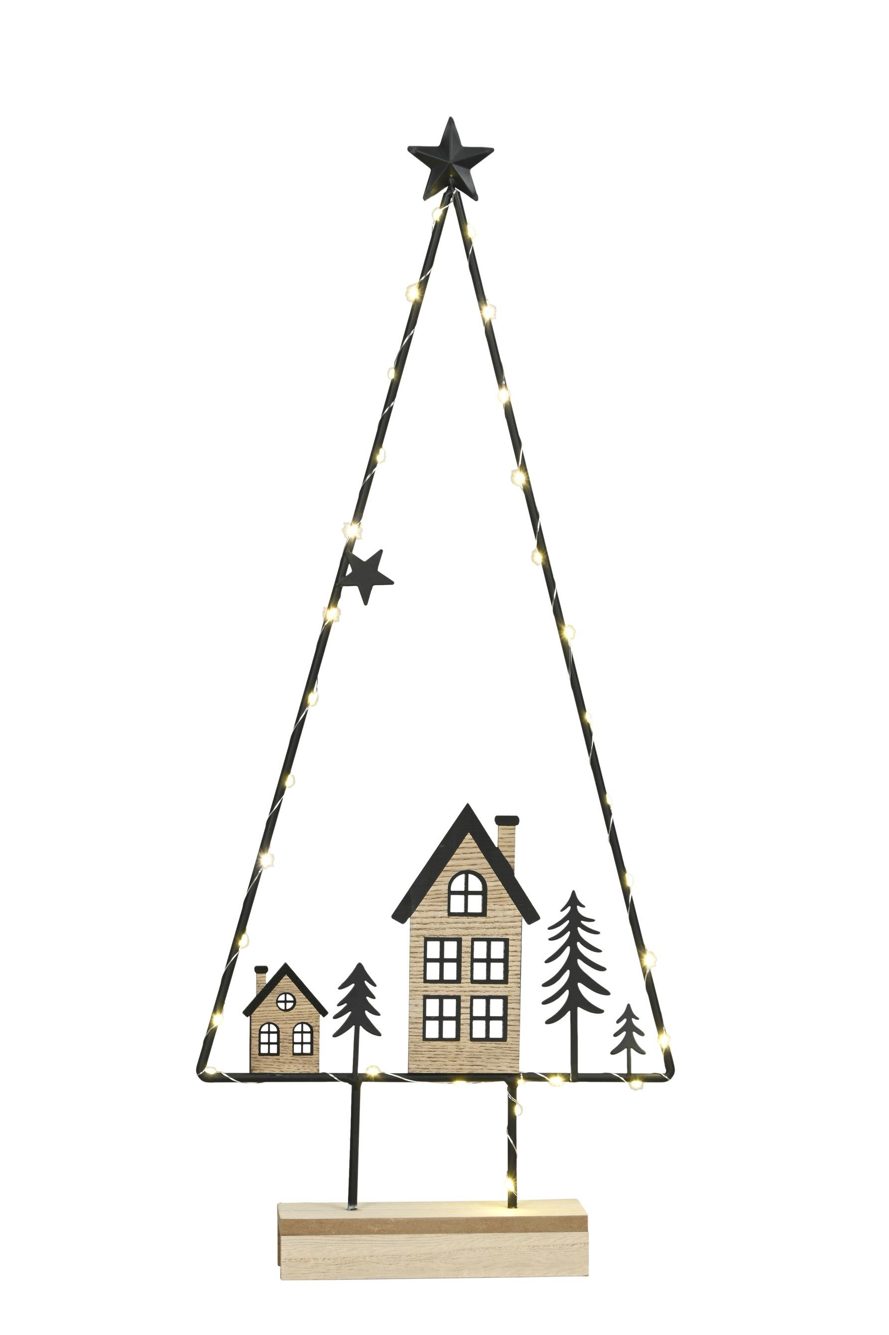 finehomegarden Dekofigur Baum Metall schwarz auf Fuß mit LED Aufsteller Haus Tannenbaum (1 St), 27x6cm H64cm schwarz/natur Weihnachten Advent Landschaft