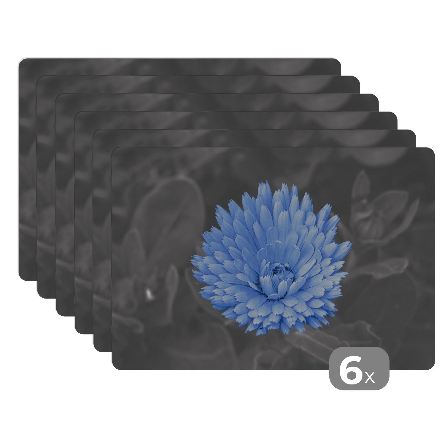 Platzset, Blumen - Schwarz - Weiß - Blau, MuchoWow, (6-St), Platzset, Platzdecken, Platzmatte, Tischmatten, Schmutzabweisend