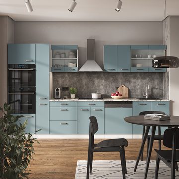 Livinity® Küchenzeile R-Line, Blau-Grau/Weiß, 350 cm mit Hochschrank, AP Eiche