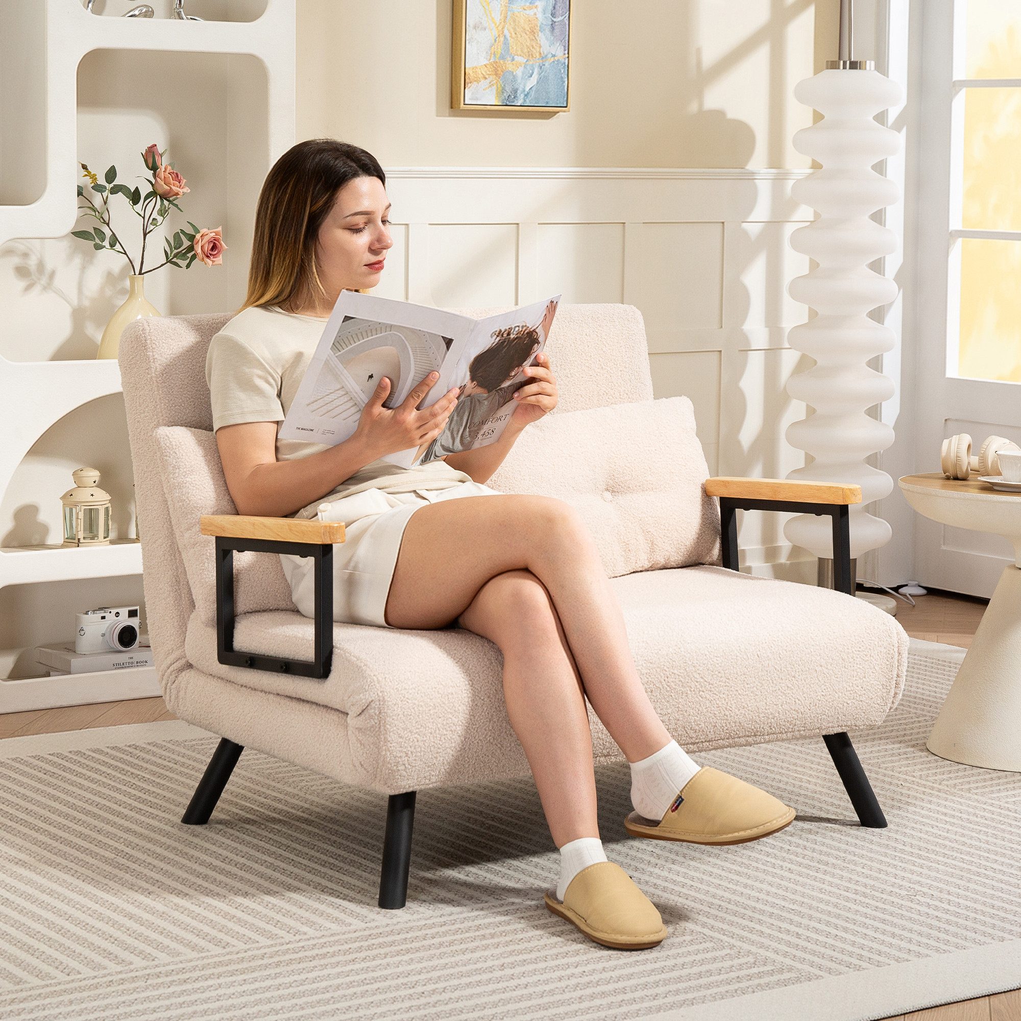 HOMCOM Schlafsofa Zweisitzer mit Bettfunktion, Schlafcouch, Verstellbare Couch 1 Teile, 102 x 73 x 81 cm, Beige