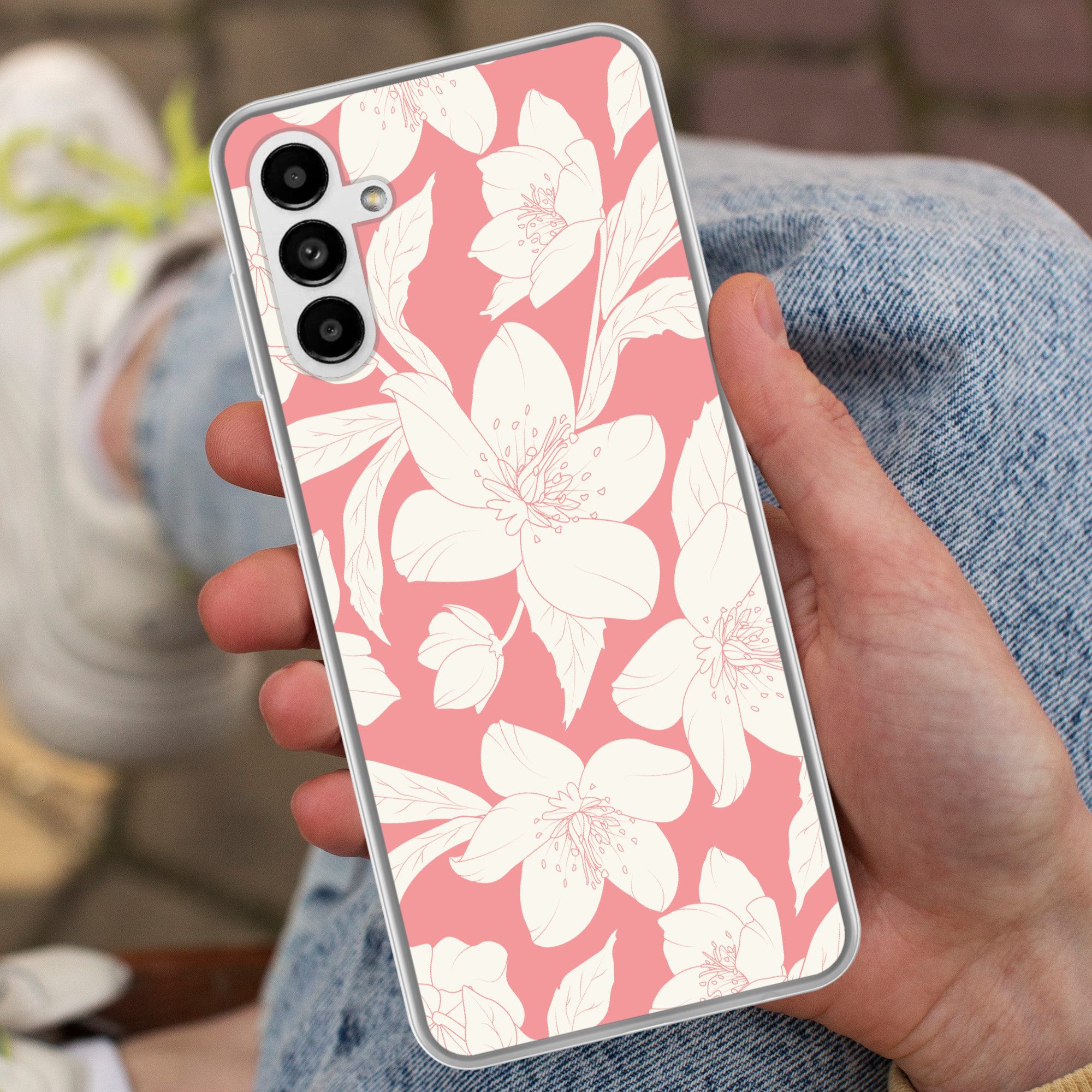 MuchoWow Handyhülle für Samsung Galaxy A04s Blumen - Muster - Rosa - Weiß, Handy Case, Silikon, Bumper Case Dünn