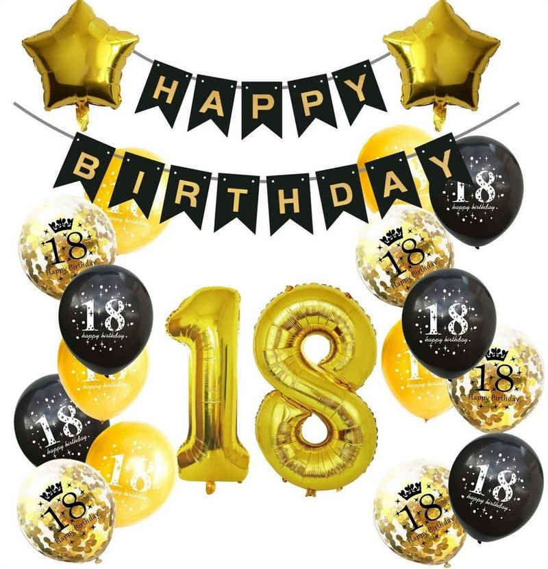 Montegoni Aufblasbares Partyzubehör 18 Geburtstag Deko Set Schwarz Gold, 20 Teilig Set: Girlande, Zahlen, Stern, Konfetti, Latex Ballons