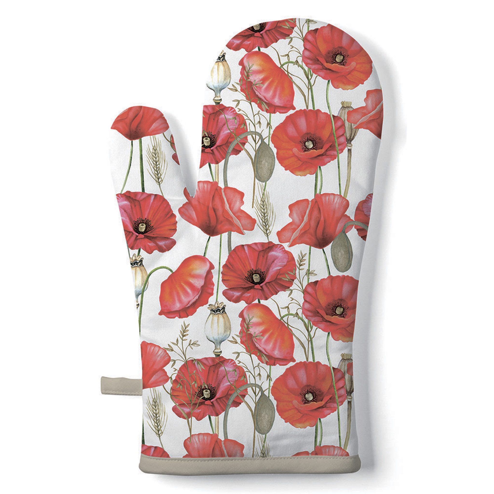 Ambiente Luxury Paper Products Topfhandschuhe, Ofenhandschuh Baumwolle 18x30cm mit roten Mohnblumen Weiß / Rot
