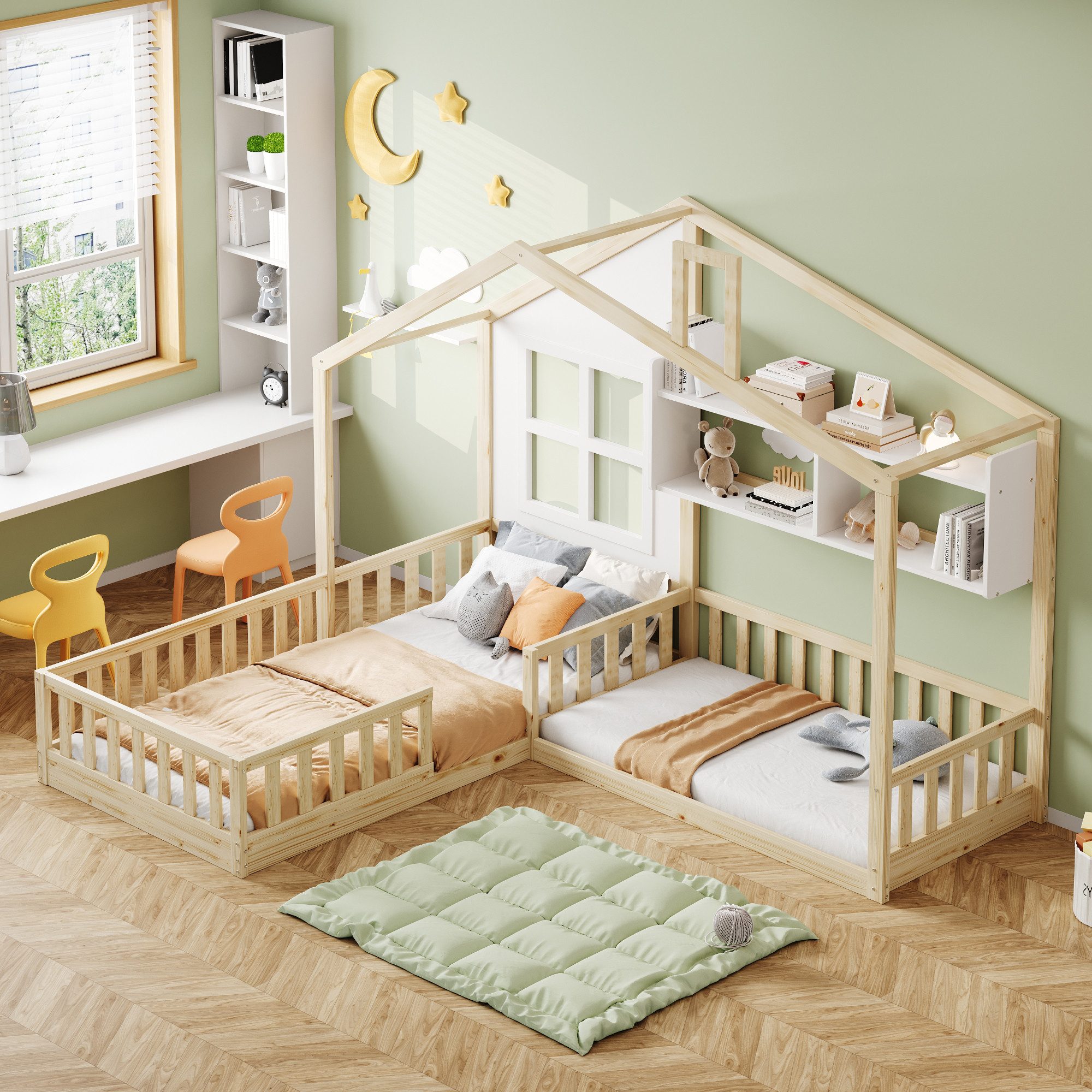 Merax Kinderbett 90x200cm/140x70cm mit Lattenrost (Geeignet für zwei Kinder, 242.5 x 205 x 170.5 cm), Massivholzbett Hausbett mit Rausfallschutz, Schornstein un – Bild 4 von 5