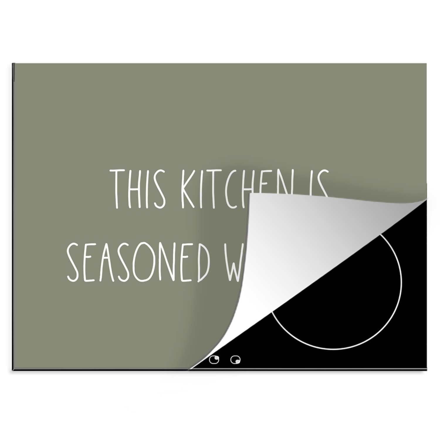 MuchoWow Herdblende-/Abdeckplatte Sprichwörter - Zitate - Diese Küche ist mit Liebe gewürzt - Küche -, Vinyl, (1 tlg), 70x52 cm, Mobile Arbeitsfläche nutzbar, Ceranfeldabdeckung