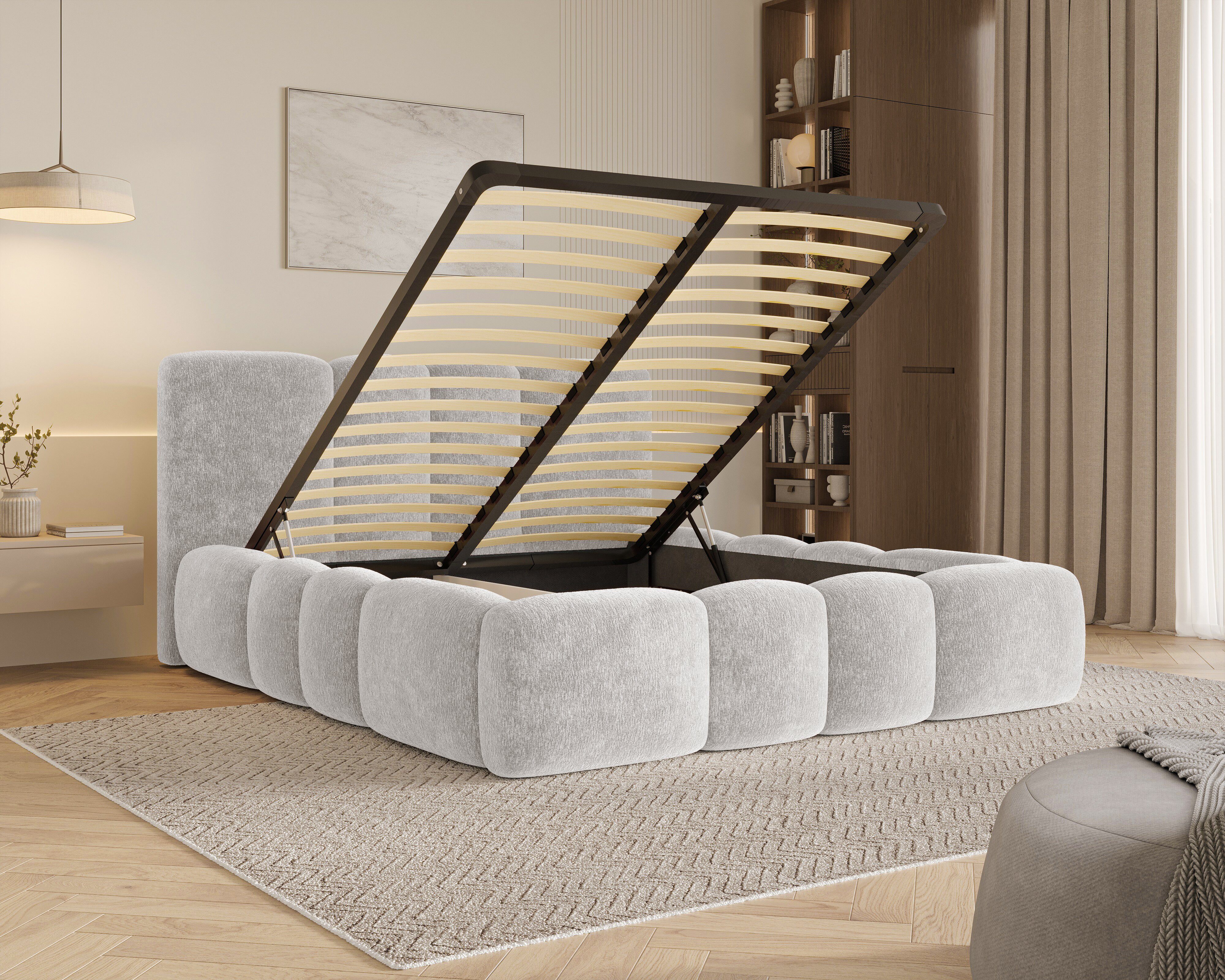 MOEBLO Polsterbett 26 Wolke (mit Stauraum und Metallrahmen und Lattenrost Wolkenbett aus Chenille Strukturstoff - 160 x 200), - (BxHxT): 168/188/208 x 100 x 230 – Bild 4 von 5