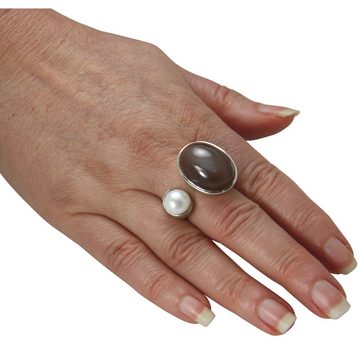 SKIELKA DESIGNSCHMUCK Silberring Mondstein Ring mit Perle (Sterling Silber 925) verstellbar (1-tlg), hochwertige Goldschmiedearbeit aus Deutschland