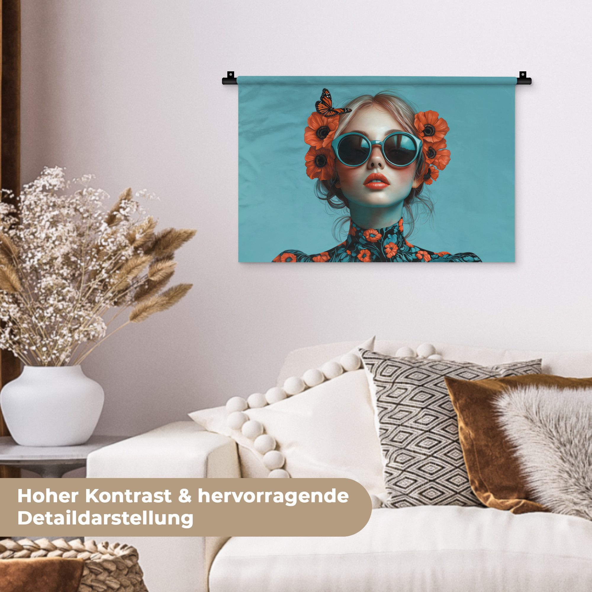 MuchoWow Wandteppich Frau - Blau - Schmetterling - Floral - Ästhetisch, Rechteckig, Höhe: 3 mm, Wandteppich für Wohnzimmer, Schlafzimmer, 60x40 cm