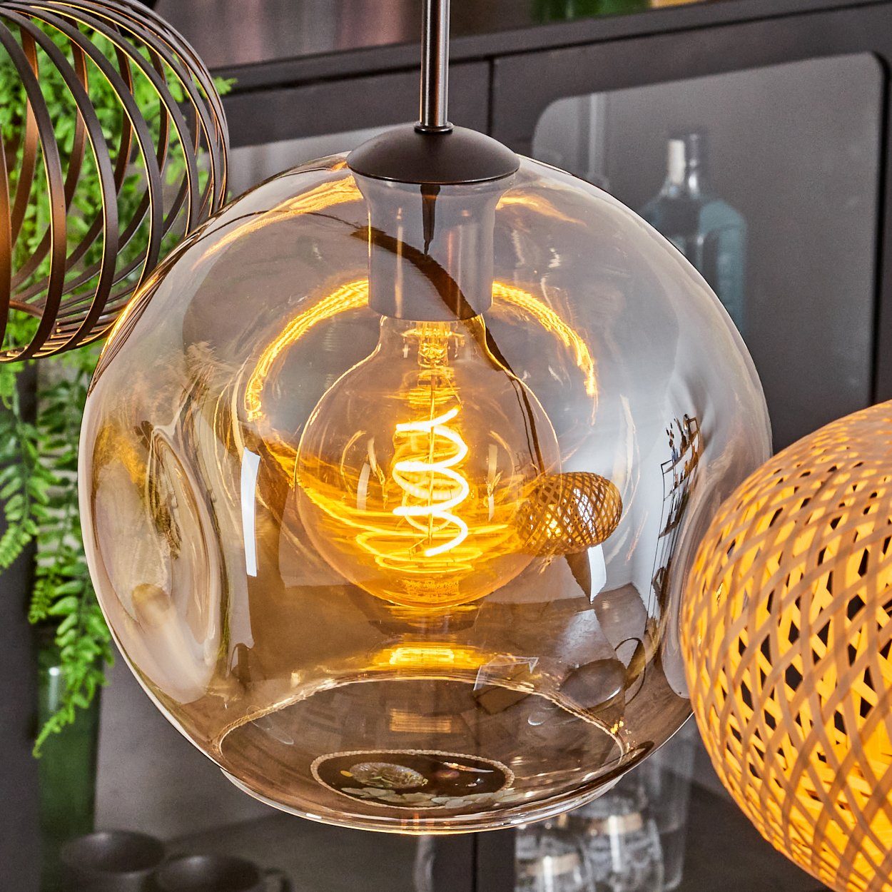 hofstein Hängeleuchte Hängelampe aus Metall/Glas in Schwarz/Chromfarben, ohne Leuchtmittel, Leuchte mit Glasschirmen(30cm),max. 154cm, 4 x E27, ohne Leuchtmittel