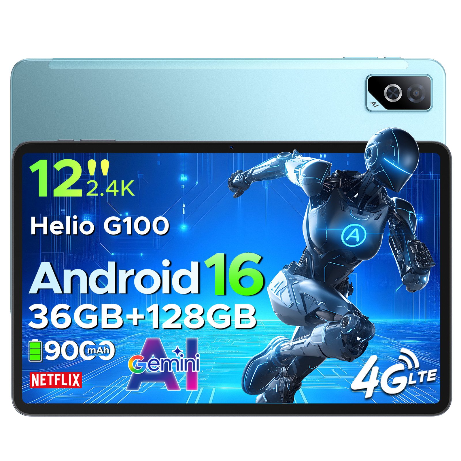 DOOGEE TabG6Pro 12'' Tablet Android 16 with SIM-Karte, Helio G100 Octa-Core Tablet (12", 128 GB, Android 16, Wifi, 128GB ROM, Gemini AI, 13MP+8MP, 90Hz, FACE ID, 9000 mAh, 5G WiFi/4G LTE)