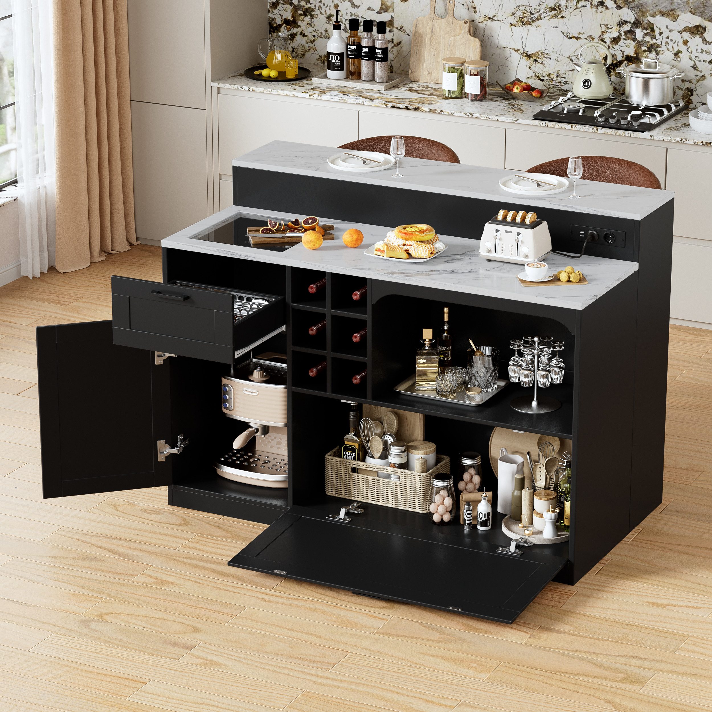 TWSOUL Kücheninsel 2-in-1 Kücheninsel mit Steckdose & USB,Bartisch mit Stauraum, Küchentresen mit Stauraum, Bartisch in Marmoroptik mit Schrank, Regal