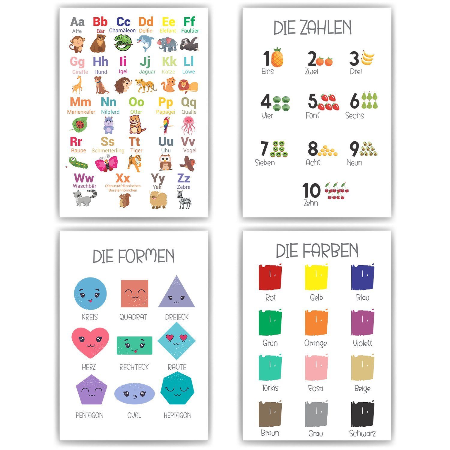 Tigerlino Poster 4er Set ABC, Zahlen, Formen, Farben Lernposter Kinderzimme günstig online kaufen