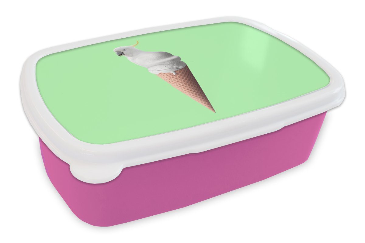 Mädchen, für - Kinder, (2-tlg), Weiß - - MuchoWow Papagei Snackbox, Kunststoff, Erwachsene, Brotbox rosa Lunchbox Eistüten Brotdose Kunststoff Eiscreme Grün, -