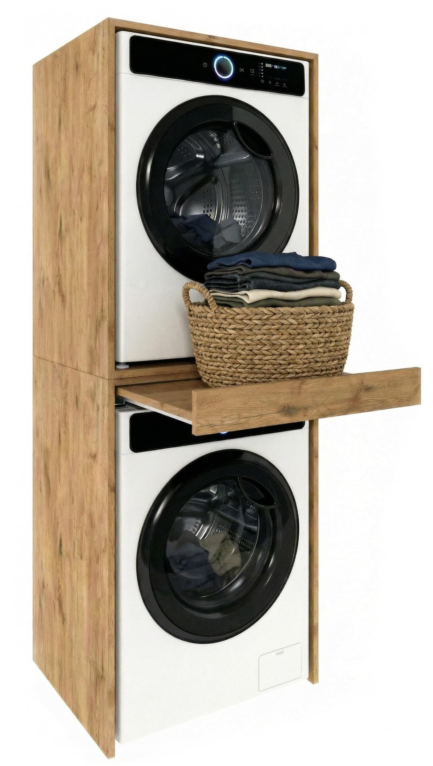 TREND WERK Waschmaschinenumbauschrank 66×64×184 cm - für Waschmaschine & Trockner übereinander (Waschraum Möbel Schrank für Waschküche mit Stauraum) Waschturm für Waschmaschine & Trockner mit Ausziehbrett & Hochschrank