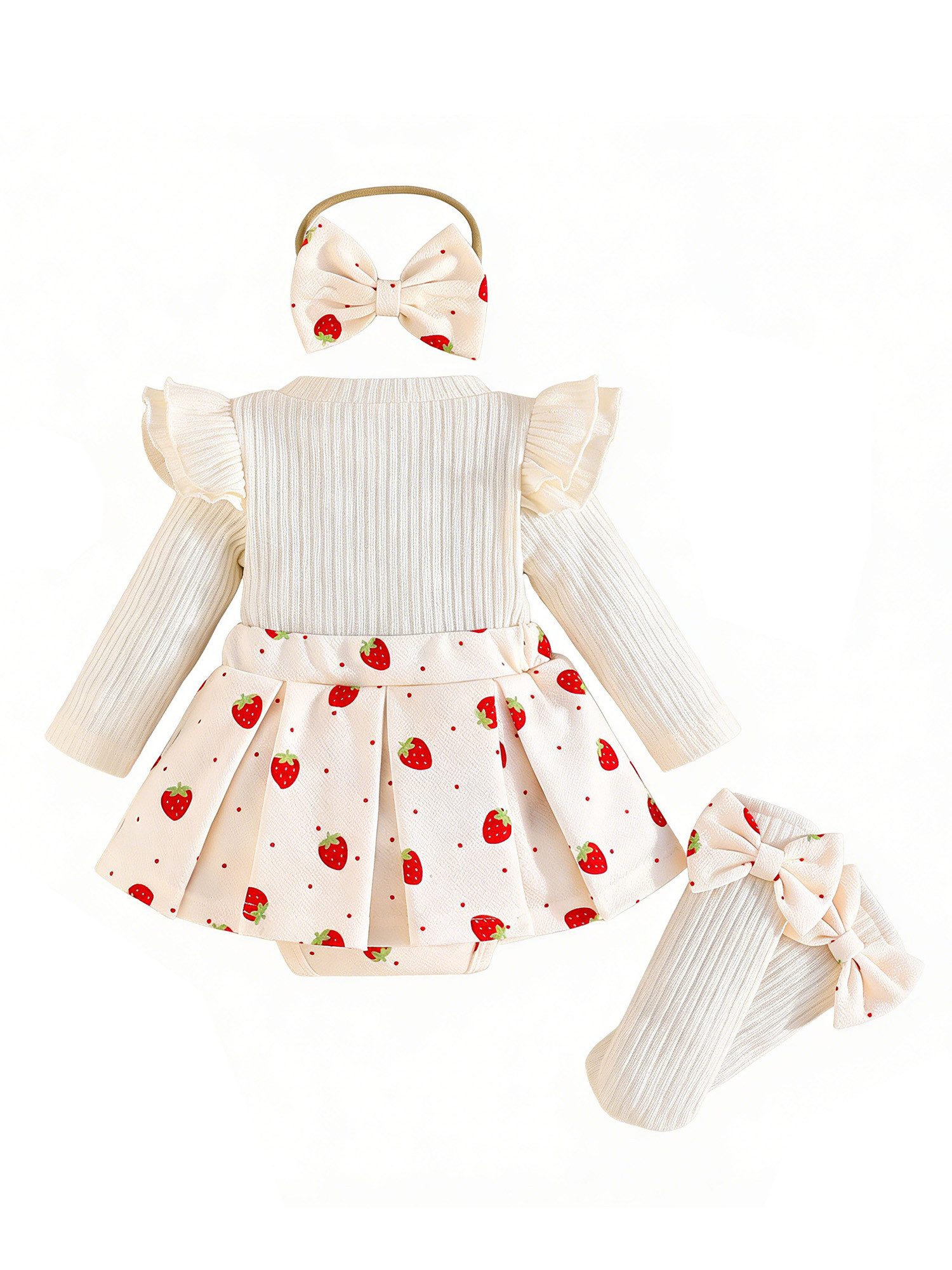 Lapastyle Strampler Baby Mädchen Strickkleid Set Erdbeer Muster mit Stirnband Strümpfen (Set, 3-tlg) Baby Festliches Outfit Set mit Rüschen Schleifen für Frühling Herbst