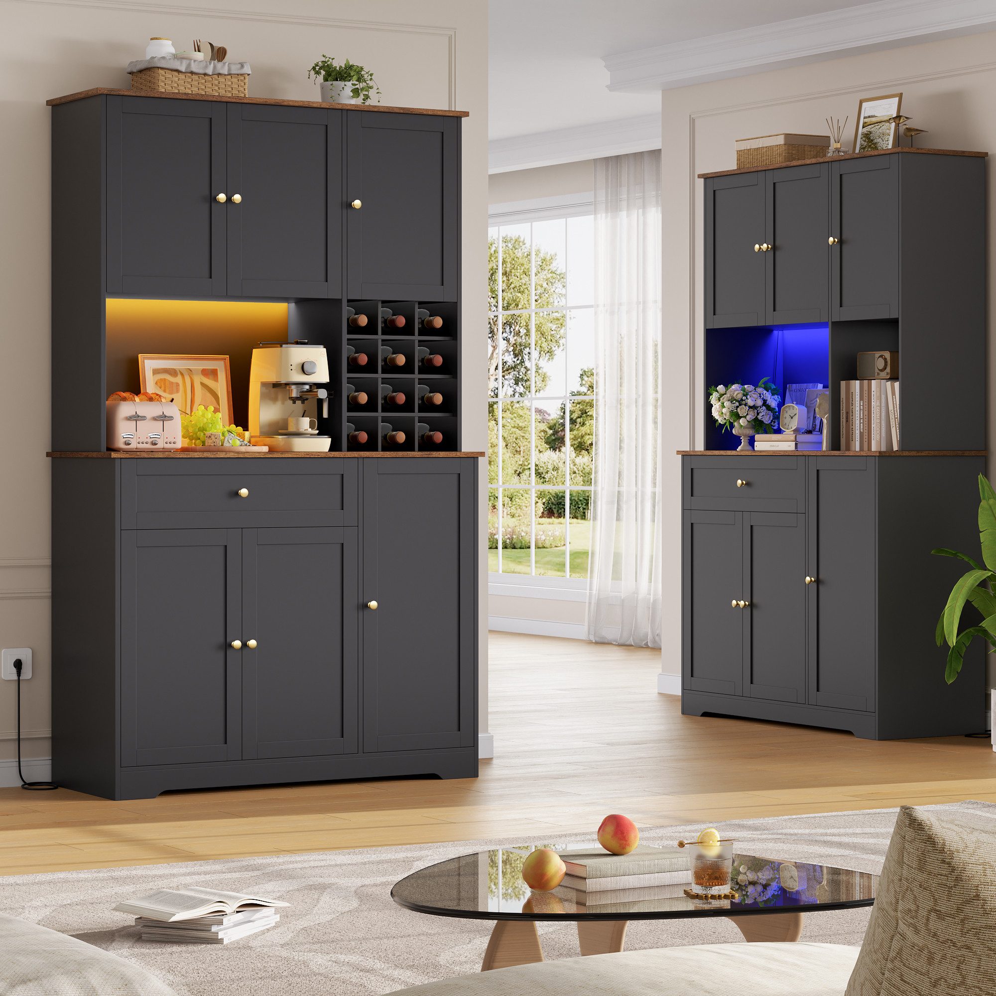 Homfa Küchenbuffet Küchenbuffet mit LED & Weinregal Küchenschrank Buffetschrank Sideboard weiß mit Steckdosenleiste & Arbeitsplatte 180x100x39cm