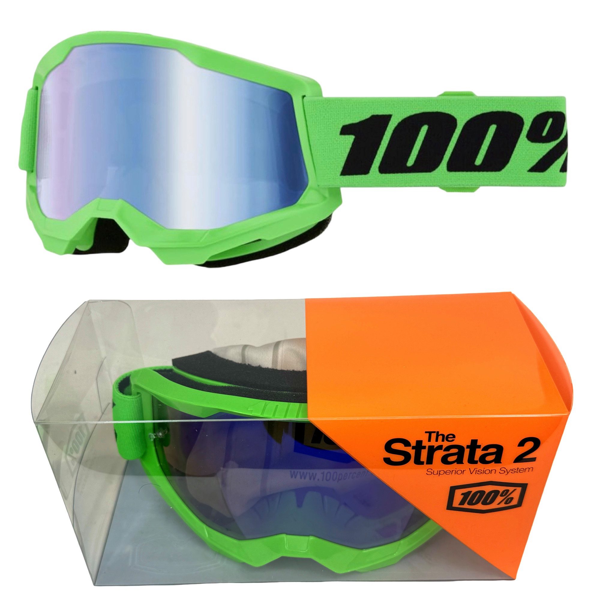 100% Motorradbrille 100% Strata V2 goggle Motocross Brille Neon Grün Verspiegelt