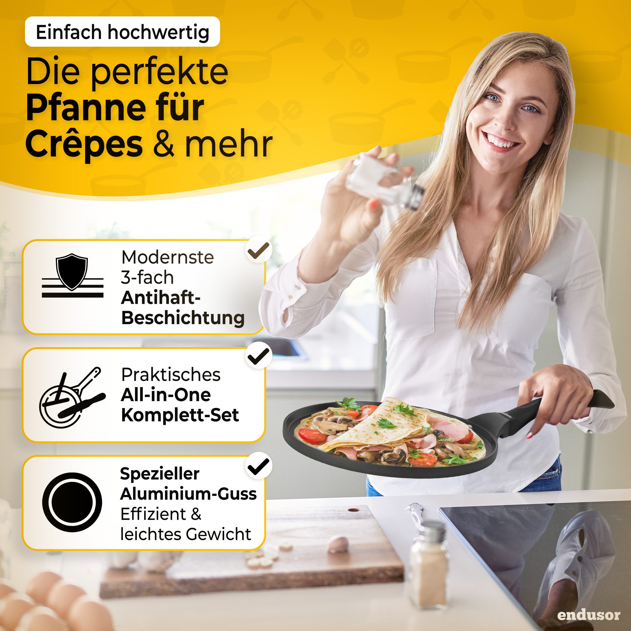 endusor Crêpepfanne Crepespfanne Ø 26cm inkl. Holzspatel, Aluminiumguss (Alle Herdarten inkl. Induktion, Bratpfanne für Crepes), modernster Antihaft-Beschichtung & Eisenkernboden für Crêpe & Mehr